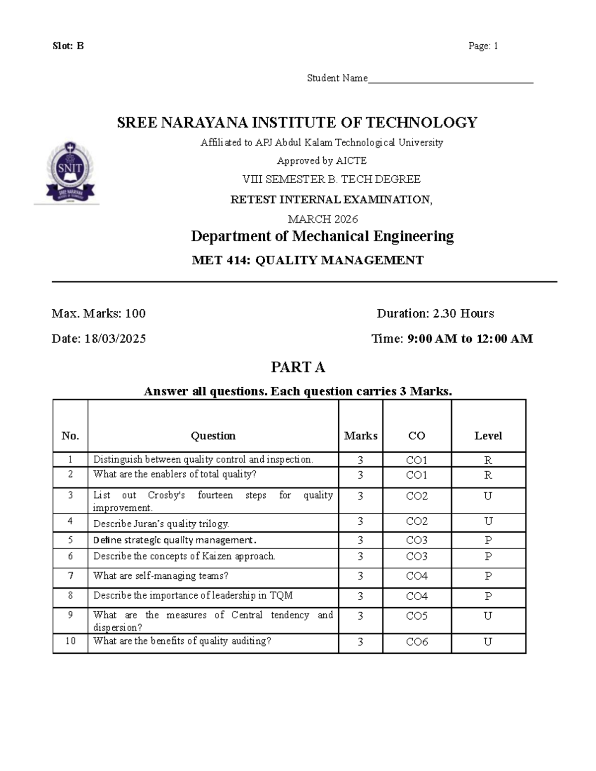 MET 414: Quality Management Retest Question Paper - March 2026 - Studocu