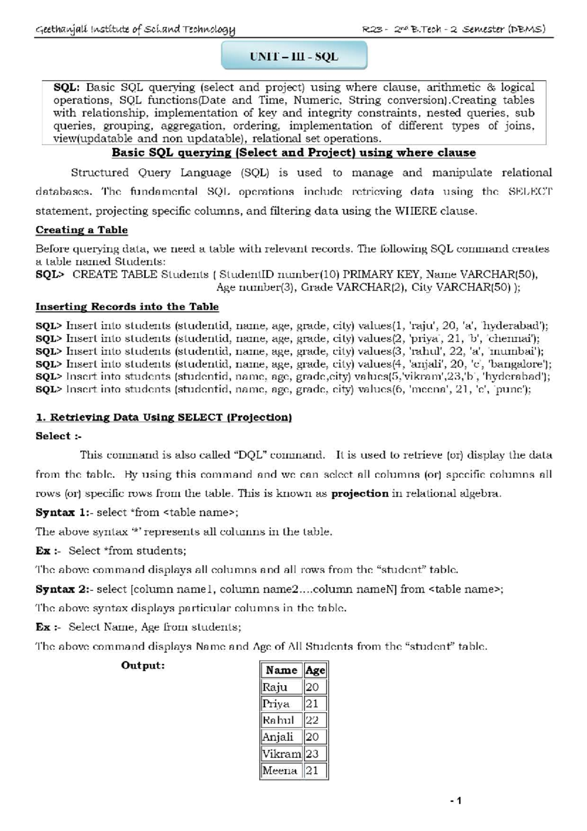 R23 DBMS Unit 3 Notes: SQL Functions, Joins, and Integrity Constraints - Document Preview