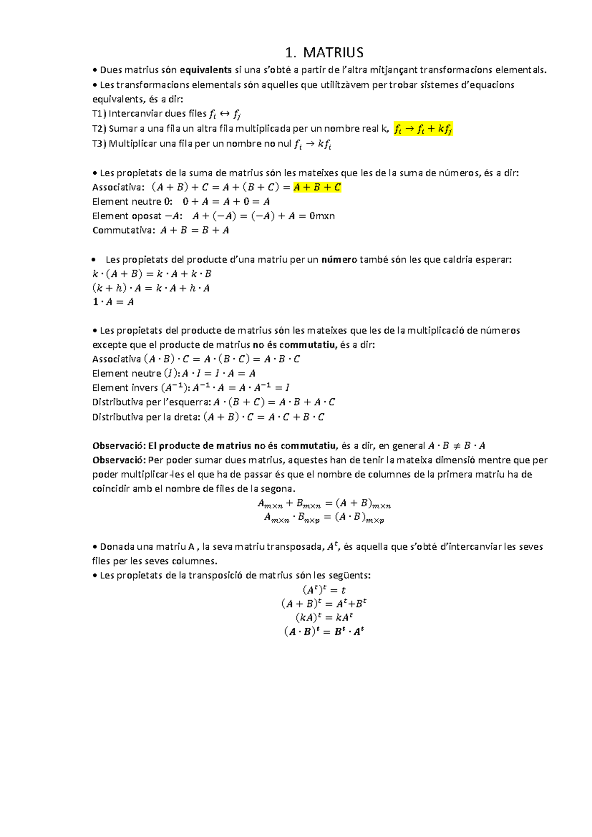 Resum de Matrius, Determinants i Vectors - PAU 2023 - Studocu
