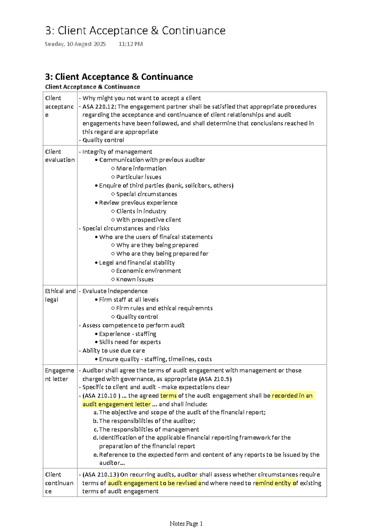 3: Client Acceptance & Continuance Notes for ASA 220.12 - Studocu
