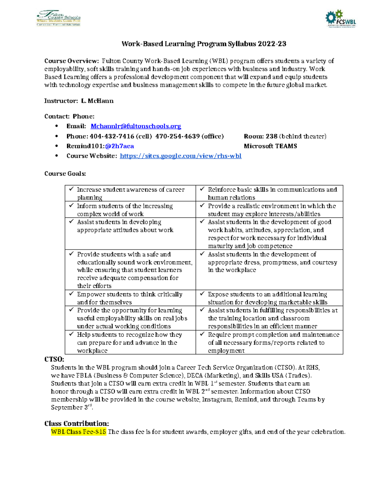 WBL 2022 Syllabus: Fulton County Work-Based Learning Program Overview ...