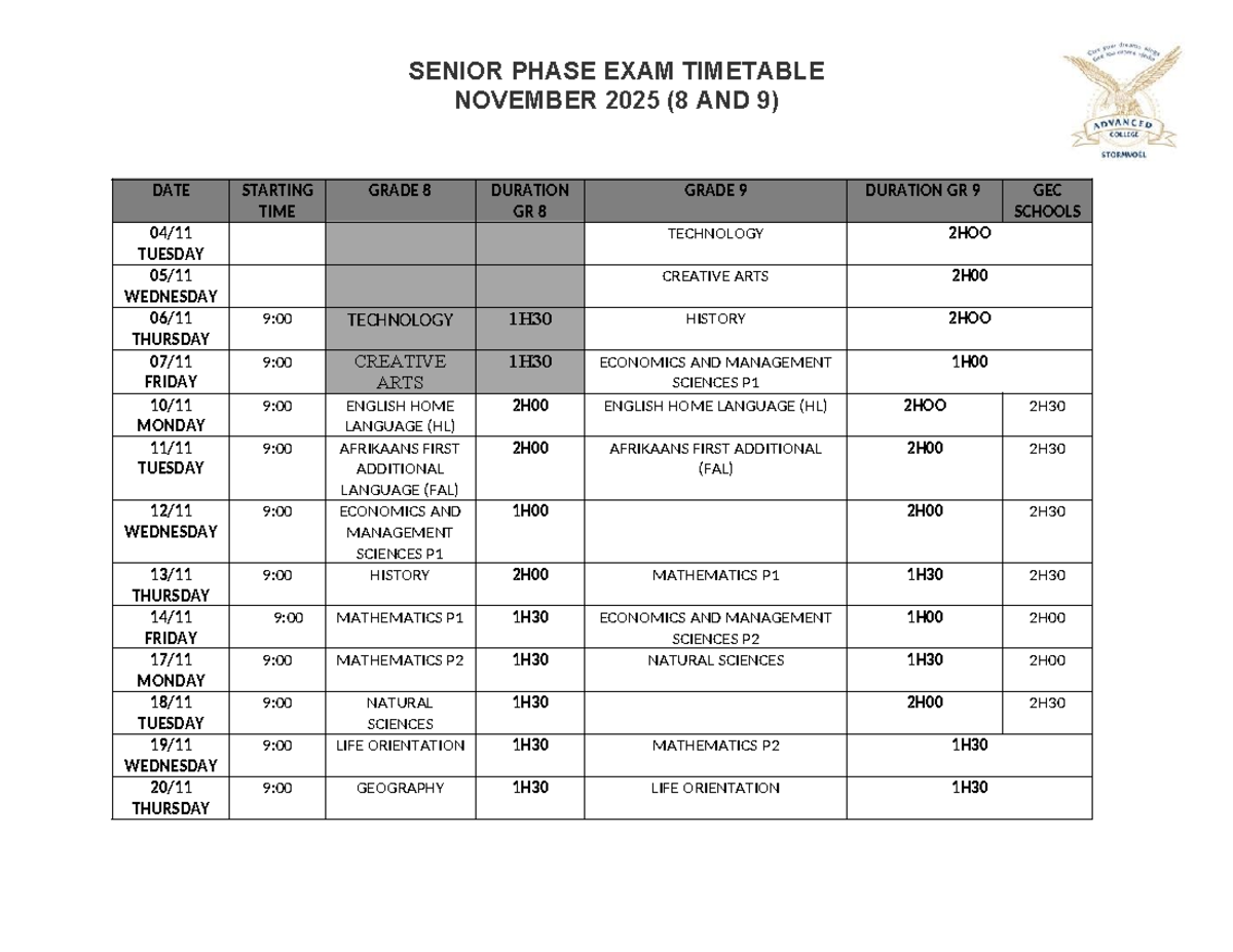 SP EXAM TIMETABLE NOVEMBER 2025 (GR 8 & 9) - Studocu