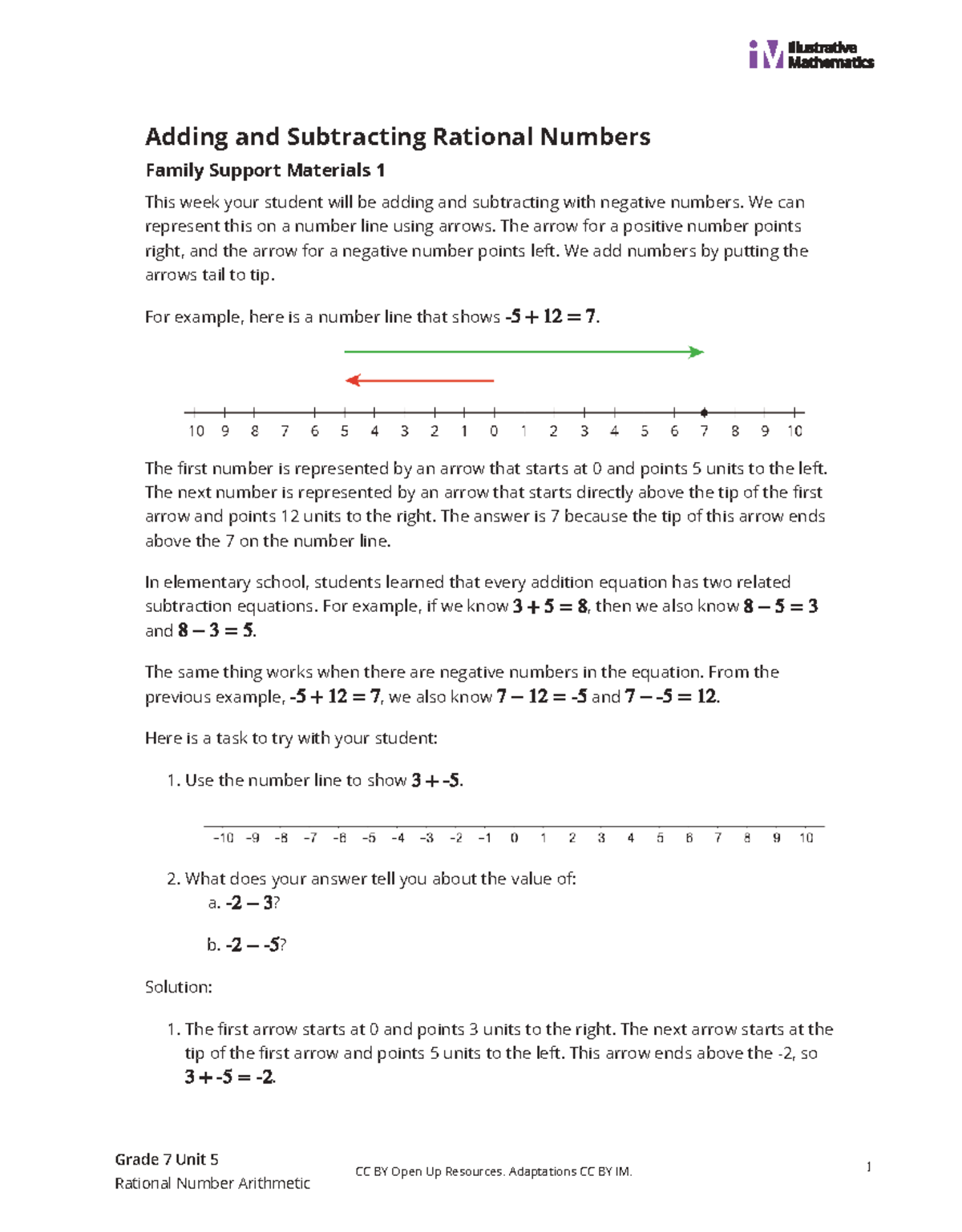 Unit 5 Family Support Materials: Adding & Subtracting Rational Numbers ...