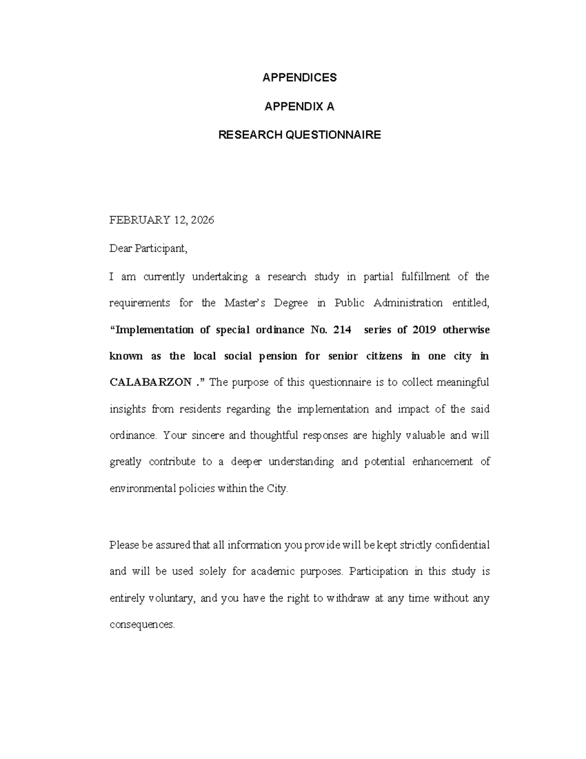 APPENDIX A: RESEARCH QUESTIONNAIRE ON LOCAL SOCIAL PENSION (PA 214 ...