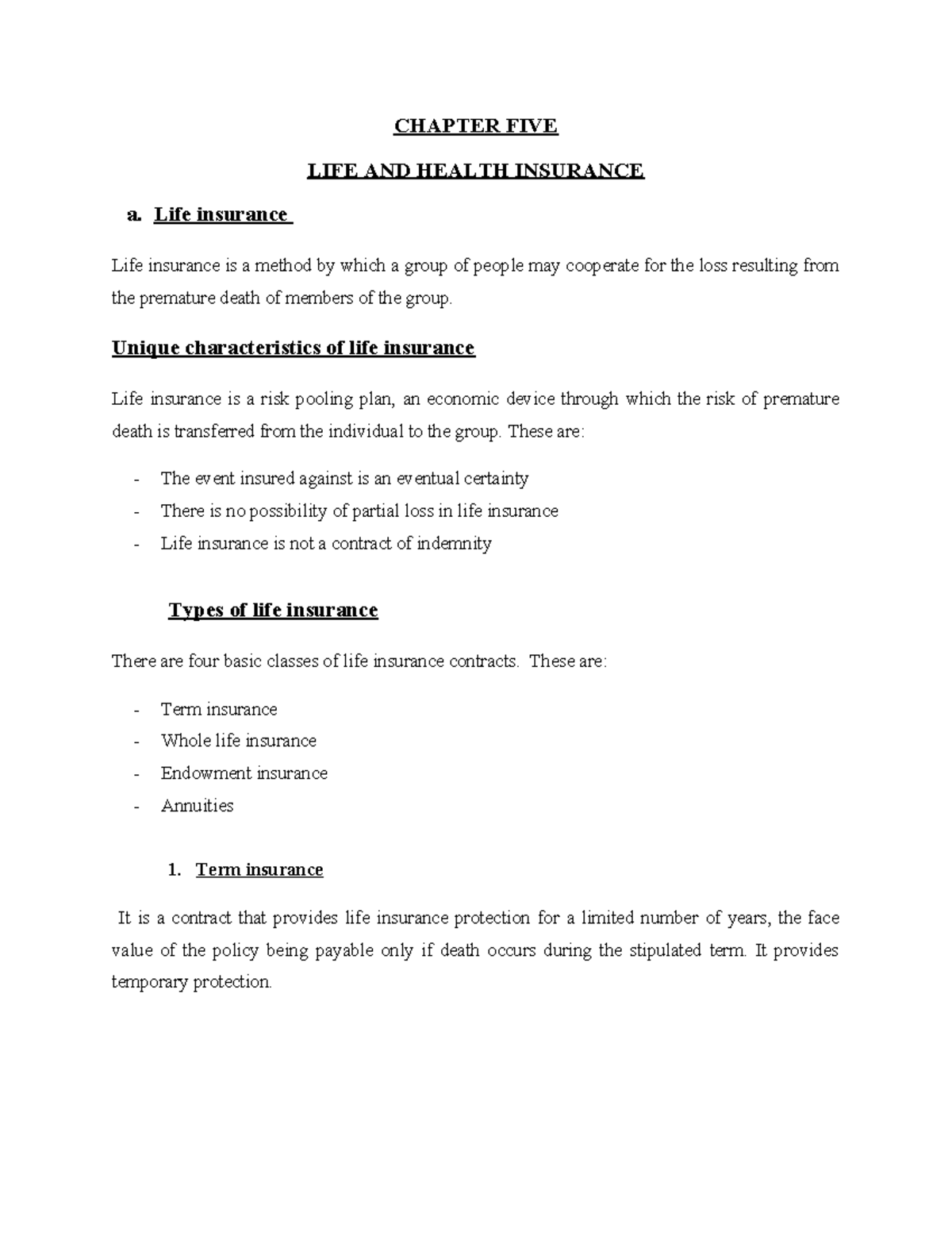 CHAPTER 5: LIFE AND HEALTH INSURANCE OVERVIEW AND TYPES - Studocu