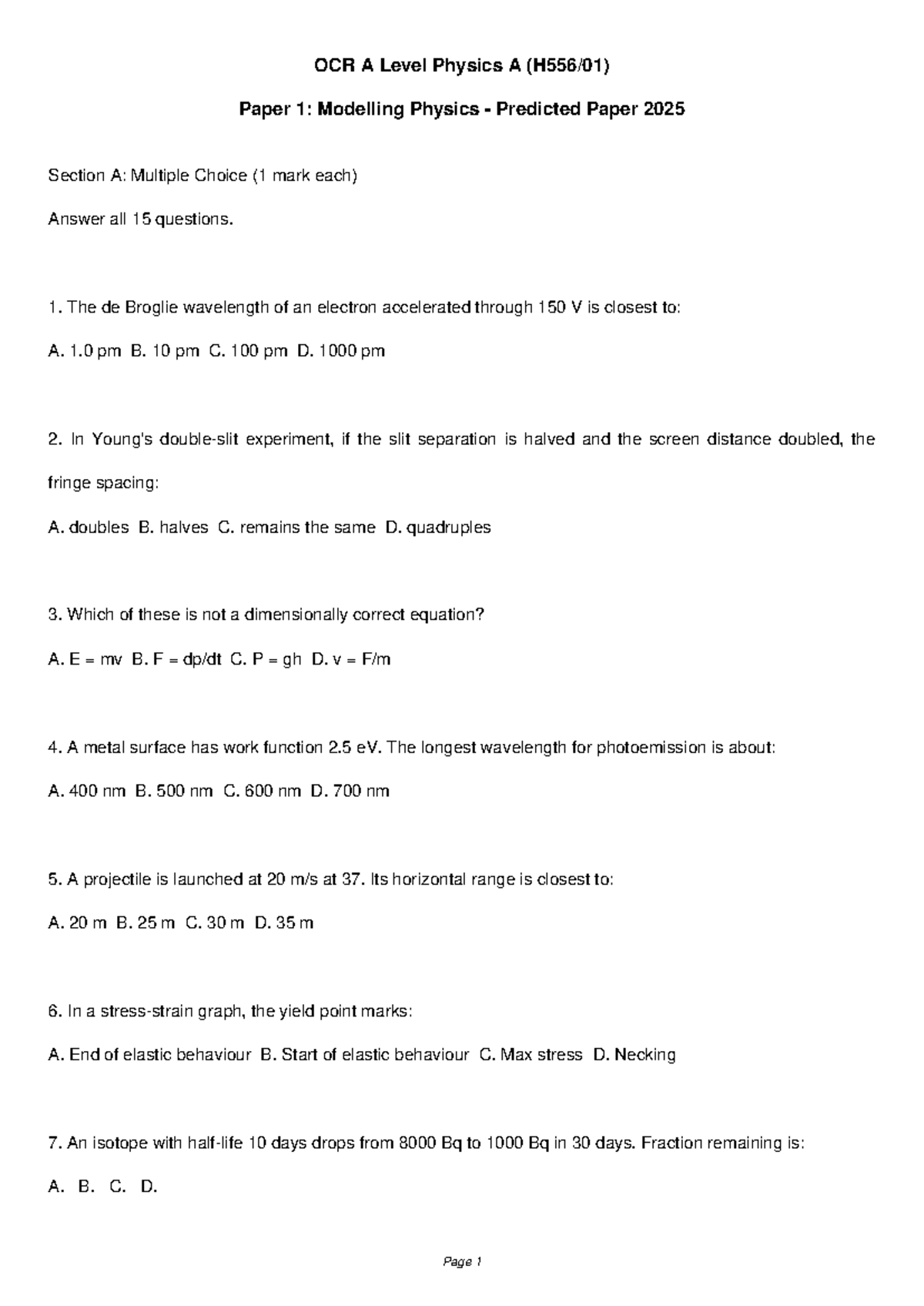 OCR A Level Physics A Paper 1: 2025 Predicted Exam Questions - Studocu