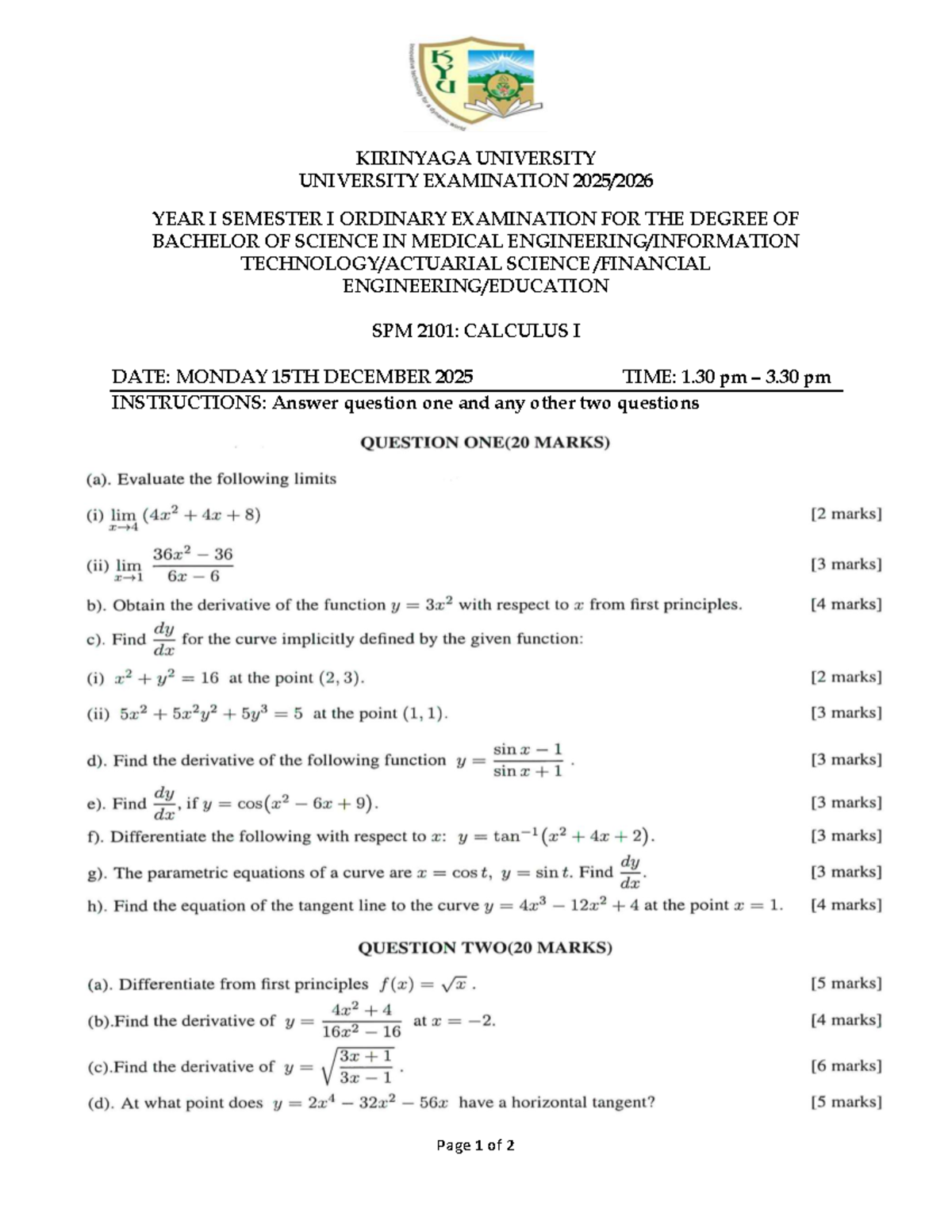 SPM 2101 Calculus I - Software engineering - Page 1 of 2 KIRINYAGA ...