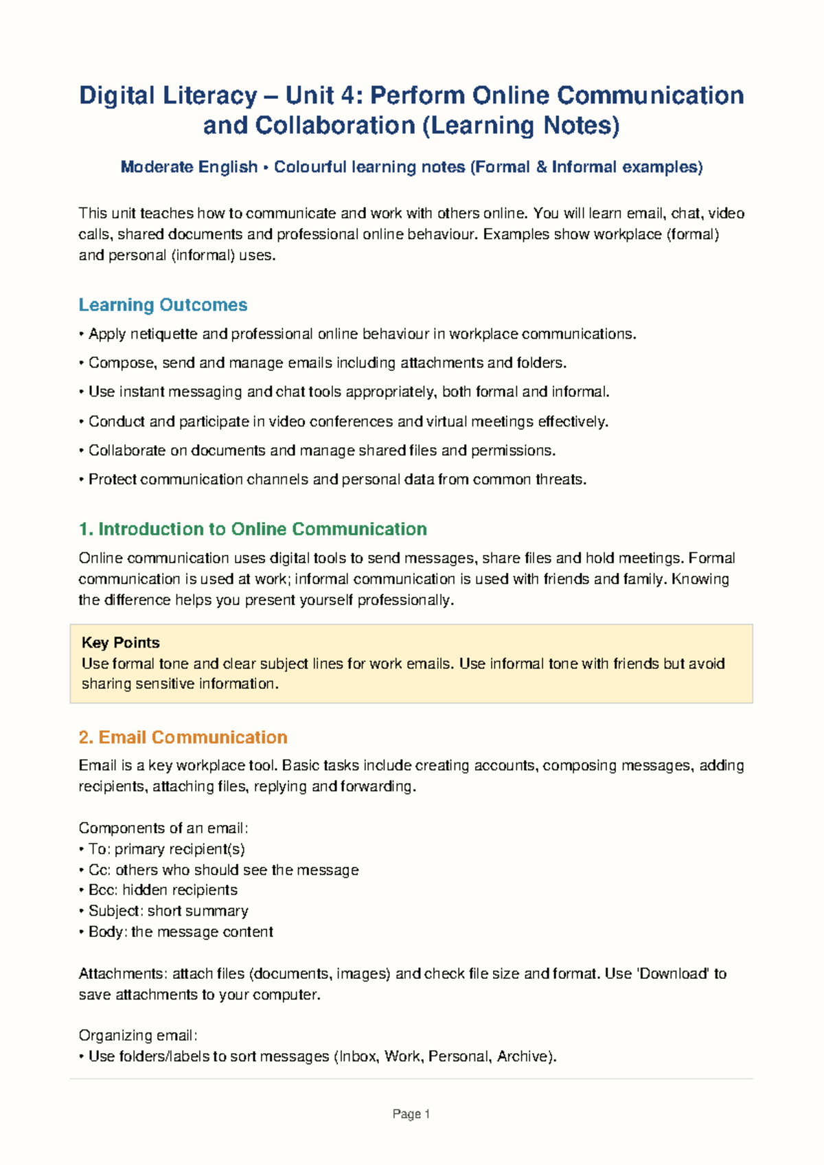 Digital Literacy Unit 4: Online Communication & Collaboration Notes ...