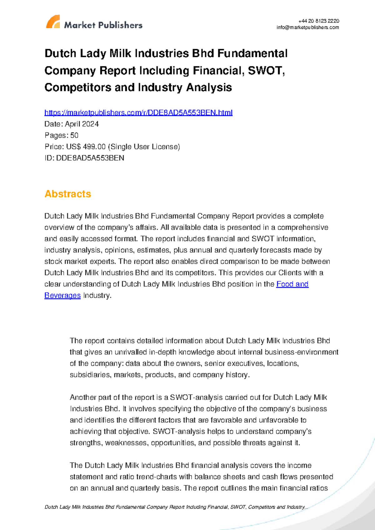 Dutch Lady Milk Industries Bhd SWOT & Financial Analysis Report - Studocu