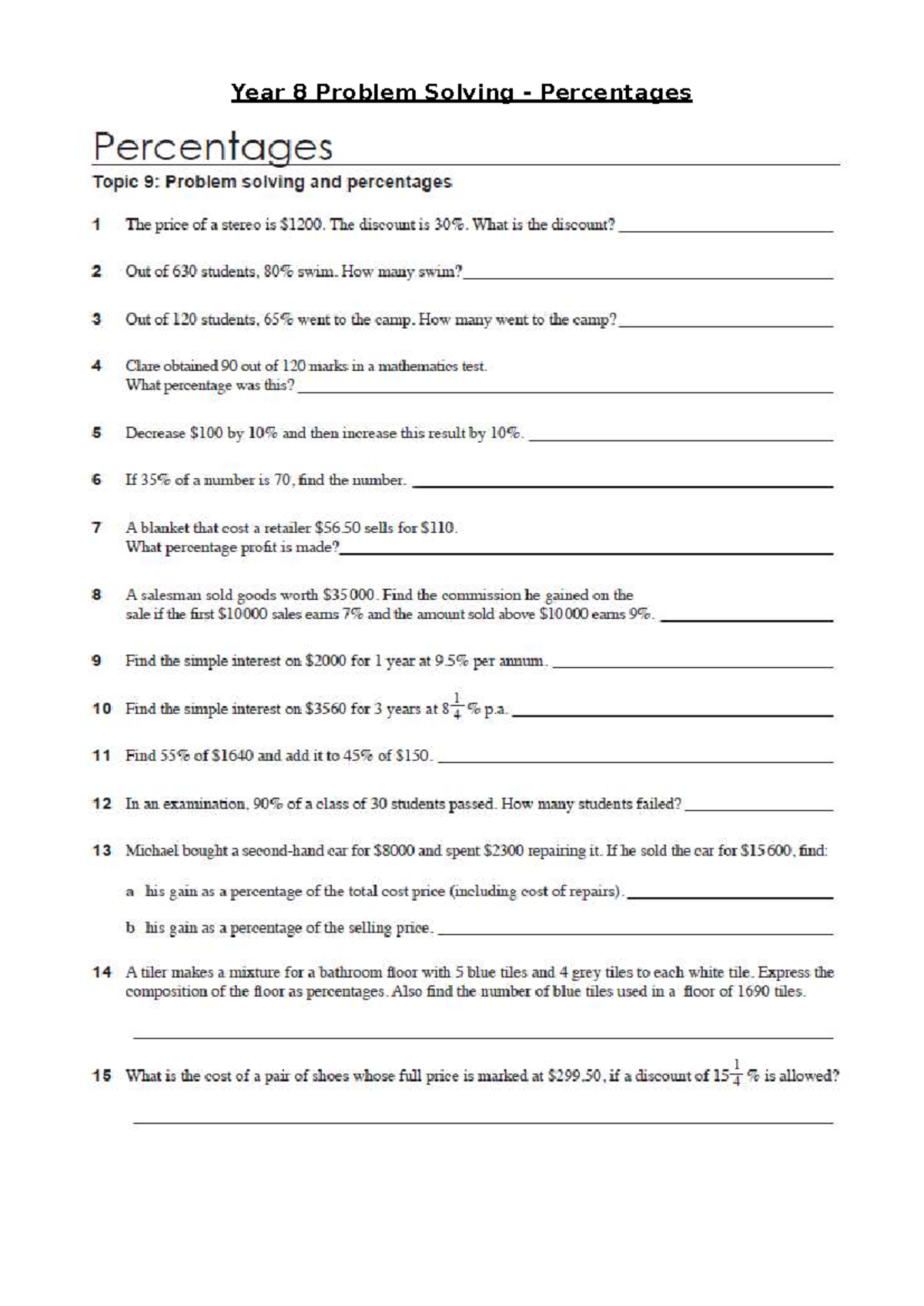 Year 8 Percentages Problem Solving With Answers - Year 8 Problem ...