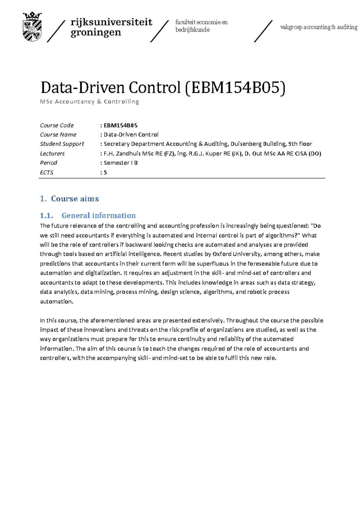 Data-Driven Control Course Manual (EBM154B05) - 2023-2024 Edition ...