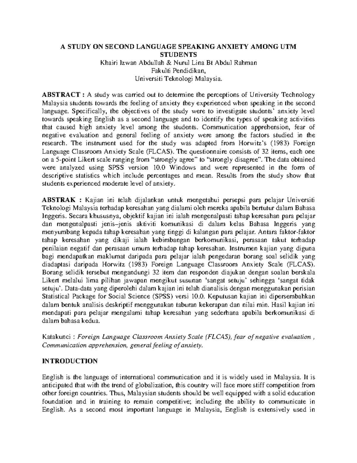 11785658 - Research Paper on Second Language Speaking Anxiety Among UTM ...