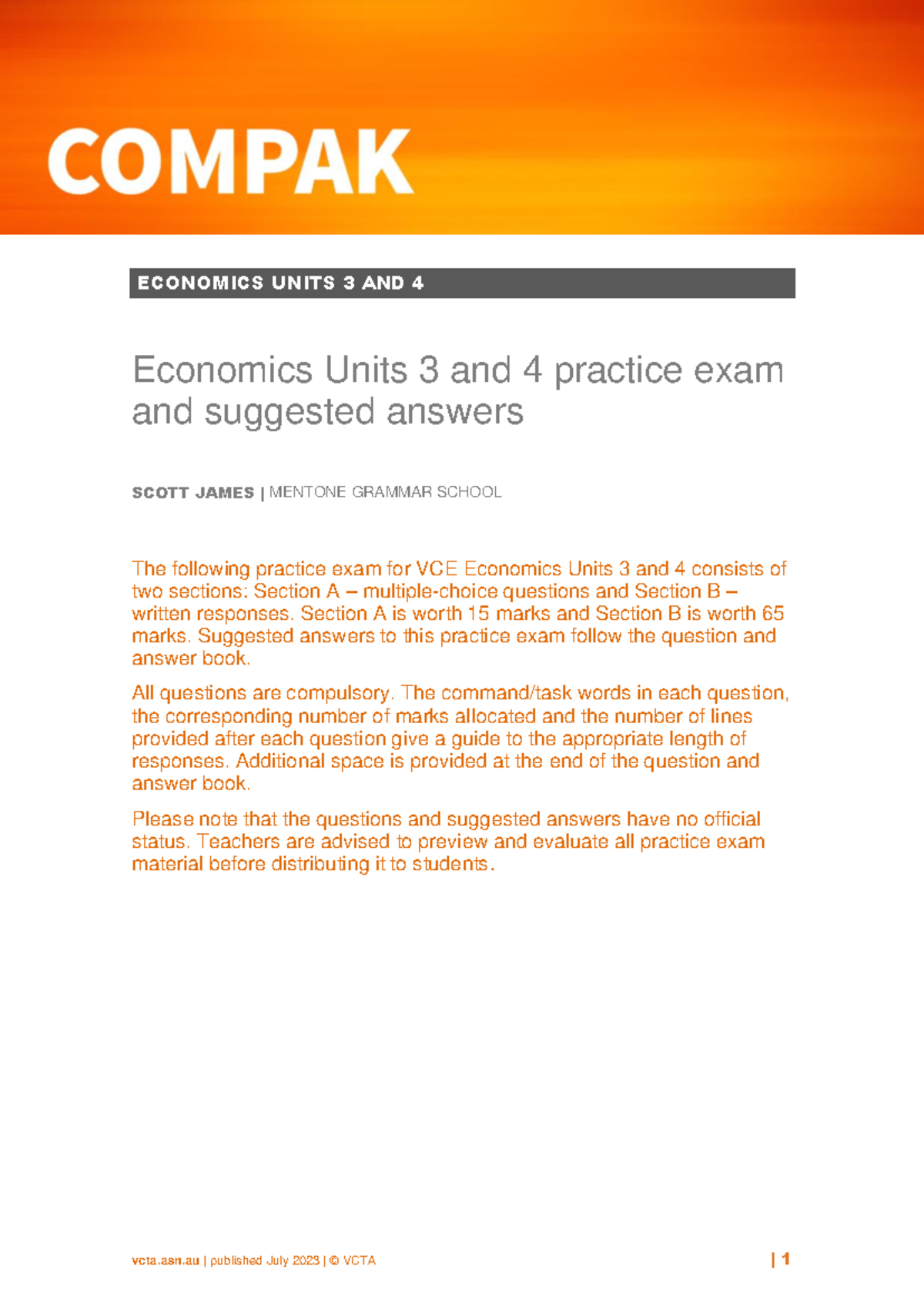 2023 VCE Economics Units 3 & 4 Practice Exam & Answers - Studocu