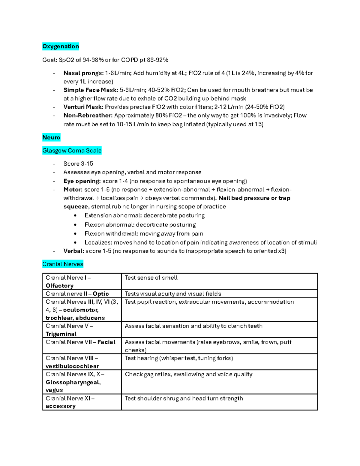Mid-term Notes - Oxygenation Goal: SpO2 of 94-98% or for COPD pt 88-92% ...