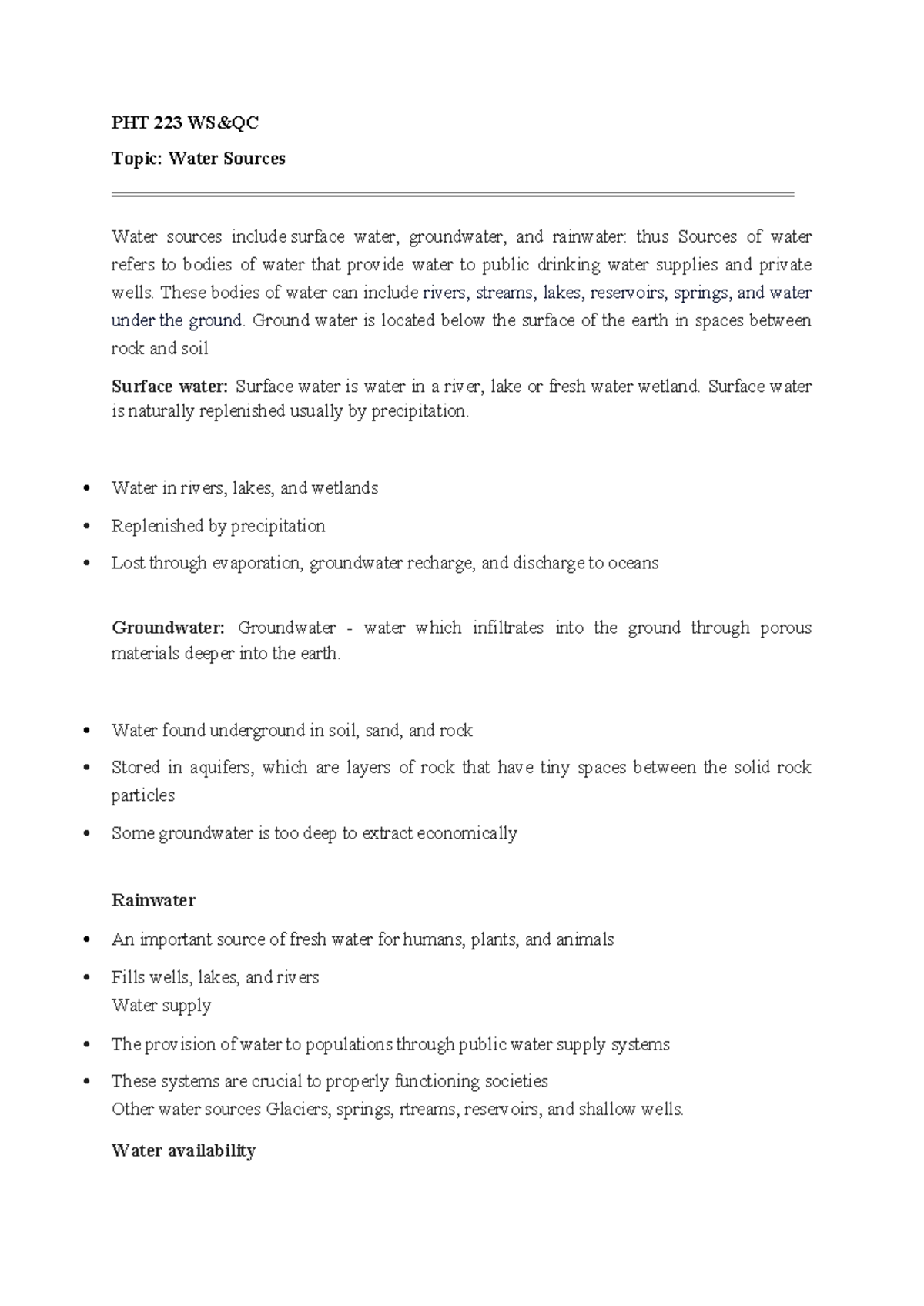 PHT 223 Lecture Notes: Water Sources and Quality Control - Studocu