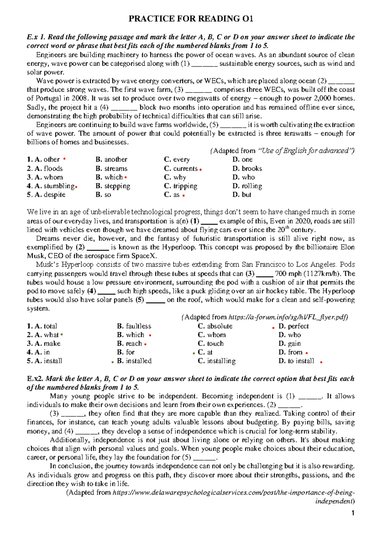 Practice for Reading O1: Comprehension Exercises and Answers - Studocu