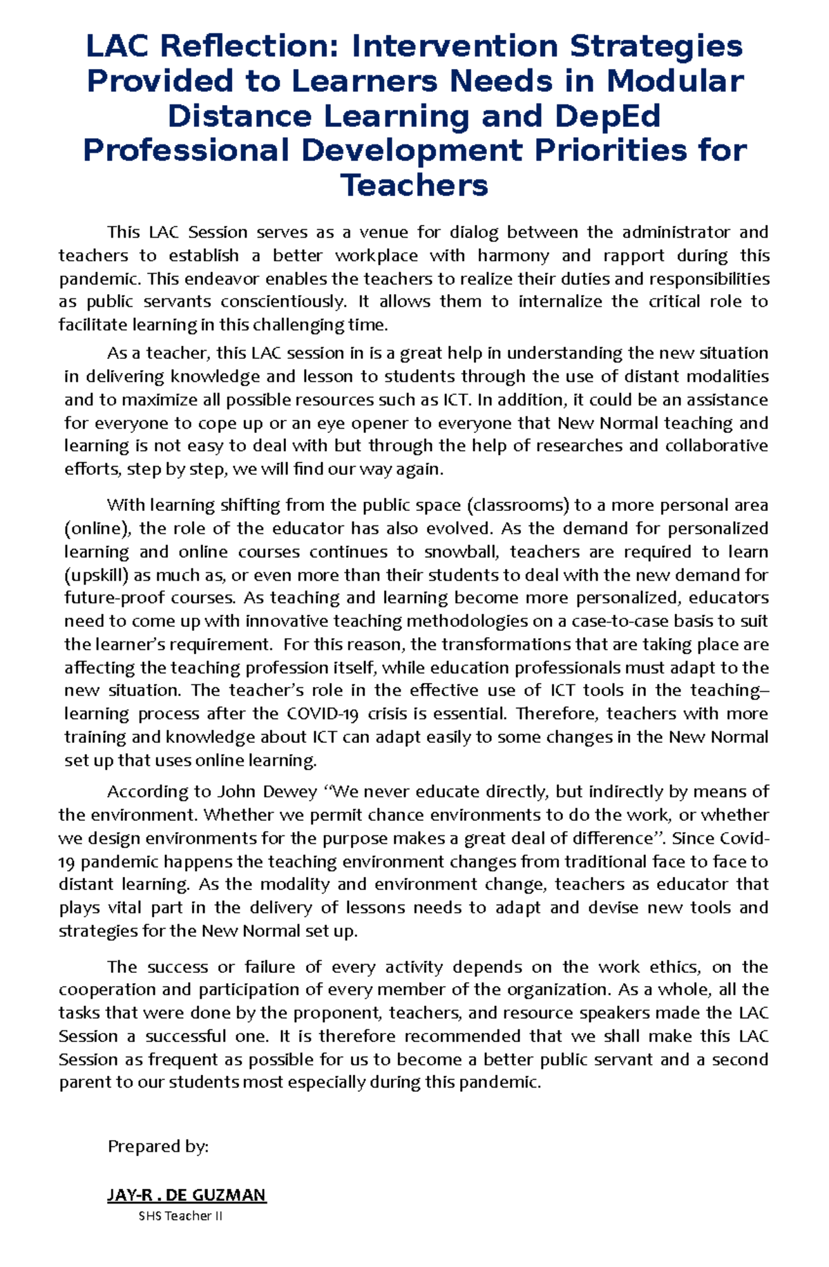 LAC-Reflection - notes - LAC Reflection: Intervention Strategies ...