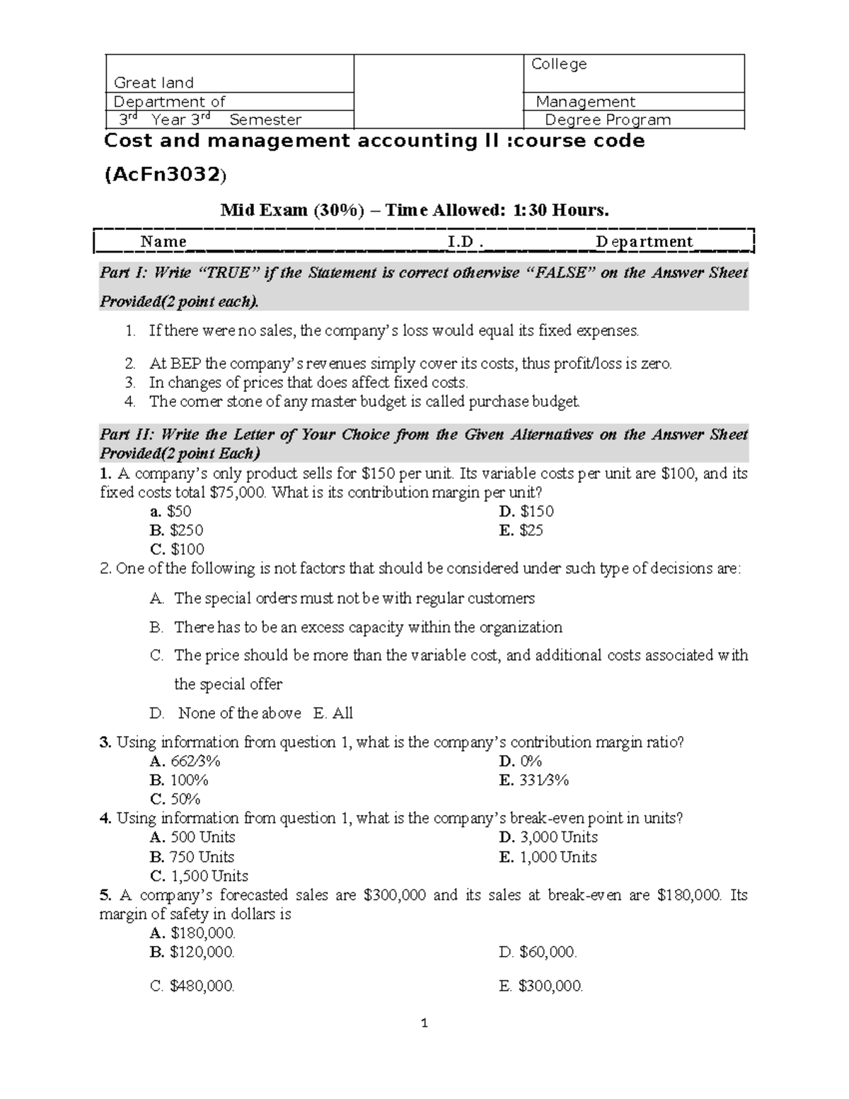 Cost II Mid Exam (AcFn3032) - Questions and Key Concepts - Studocu