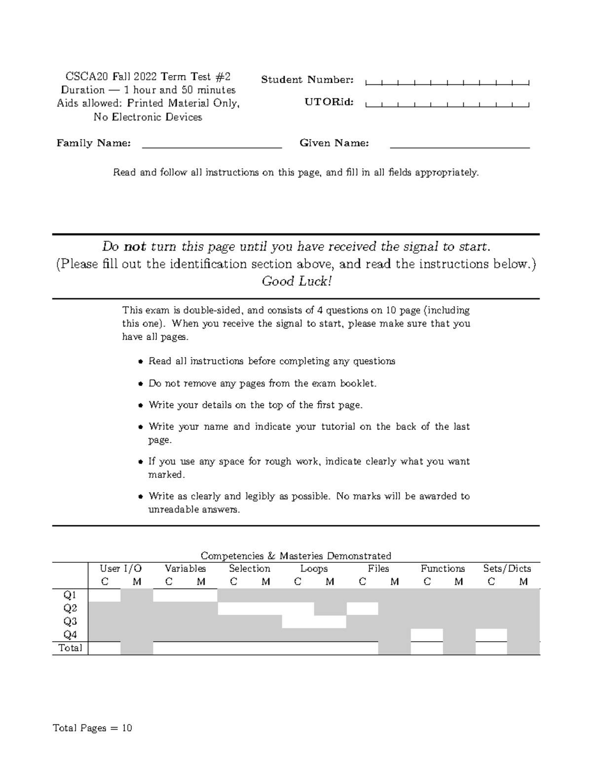 CSCA20 Fall 2022 Term Test Practice Exam with Instructions - Studocu