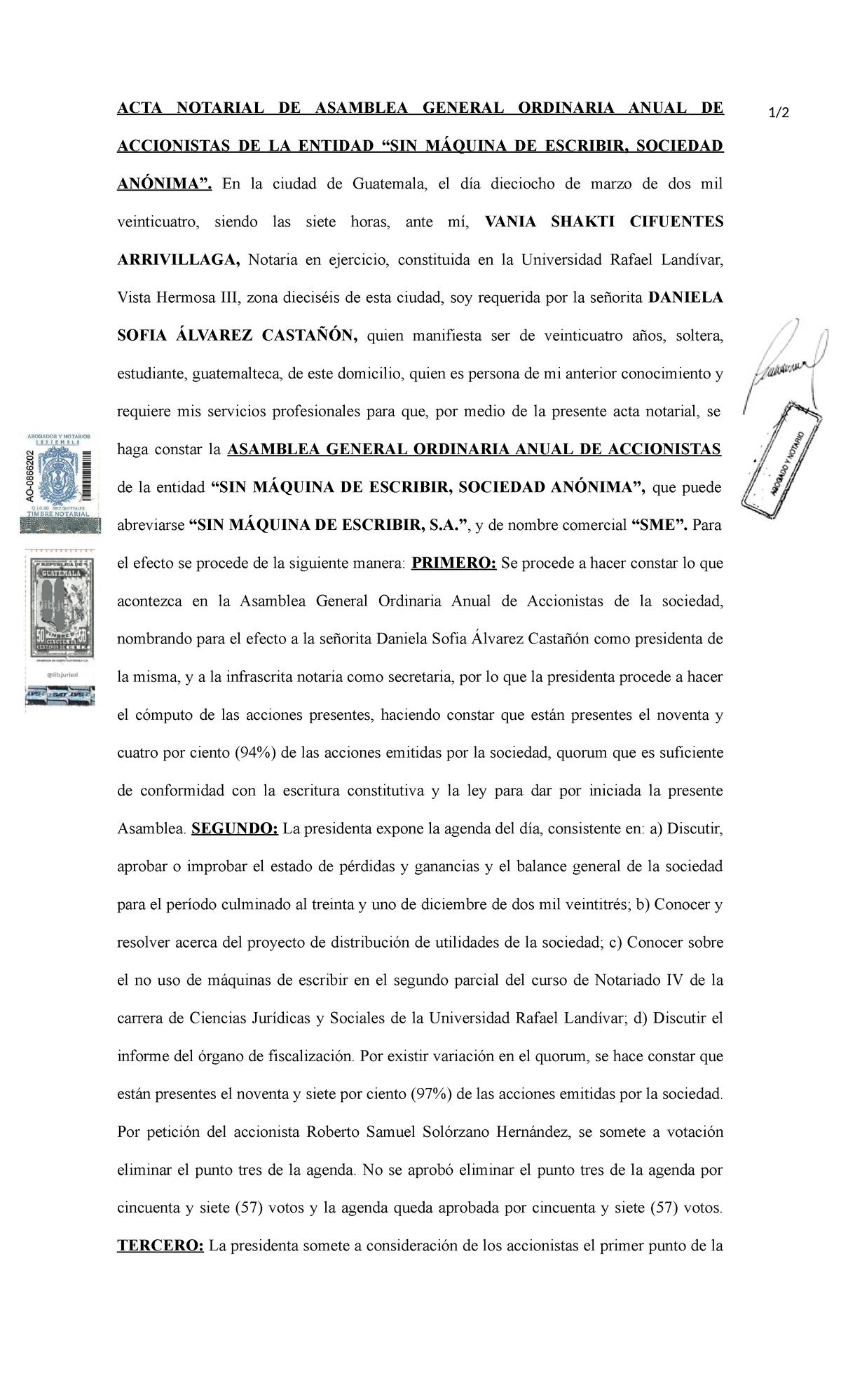 Acta Notarial: Asamblea General Ordinaria Anual de SME S.A. - Document Preview