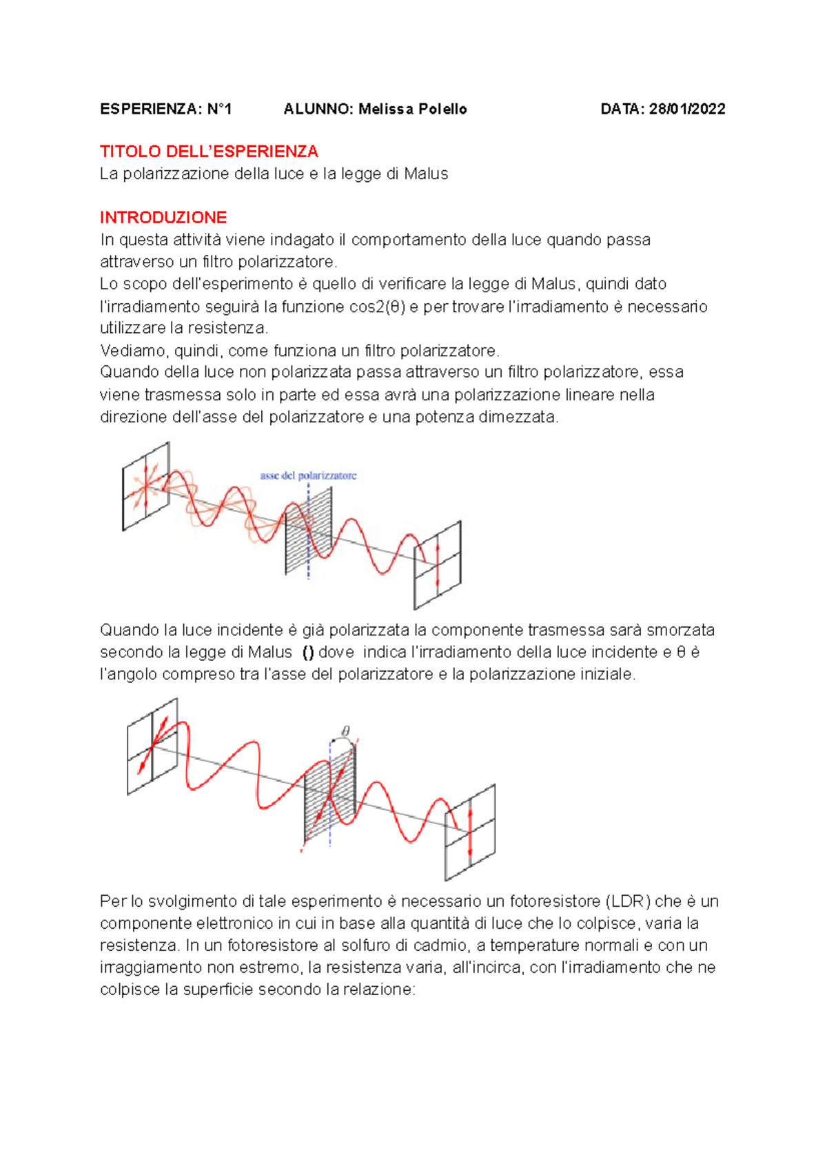 Esperienza di Laboratorio sulla Legge di Malus - Fisica 101 - Document Preview