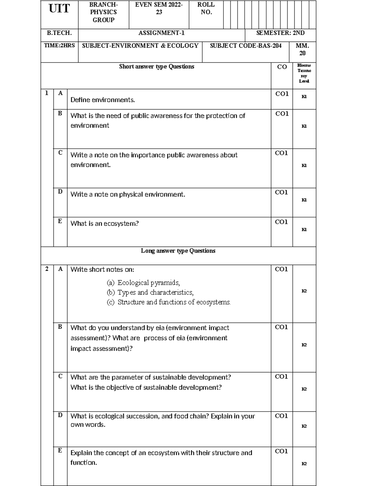 UIT 2ND SEM B.TECH ENVIRONMENT & ECOLOGY SHORT ANSWER Qs - Studocu