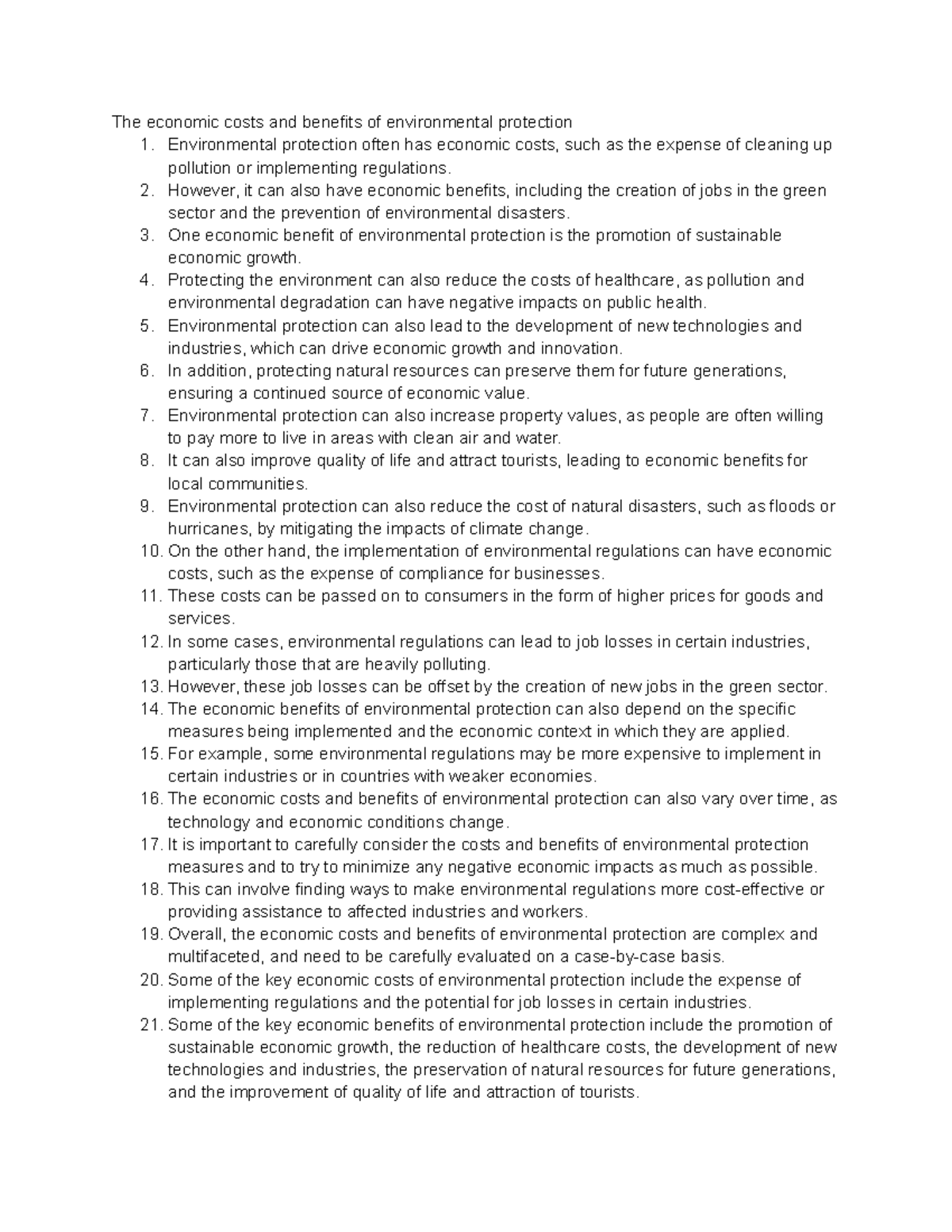 The Economic Costs and Benefits of Environmental Protection Analysis ...
