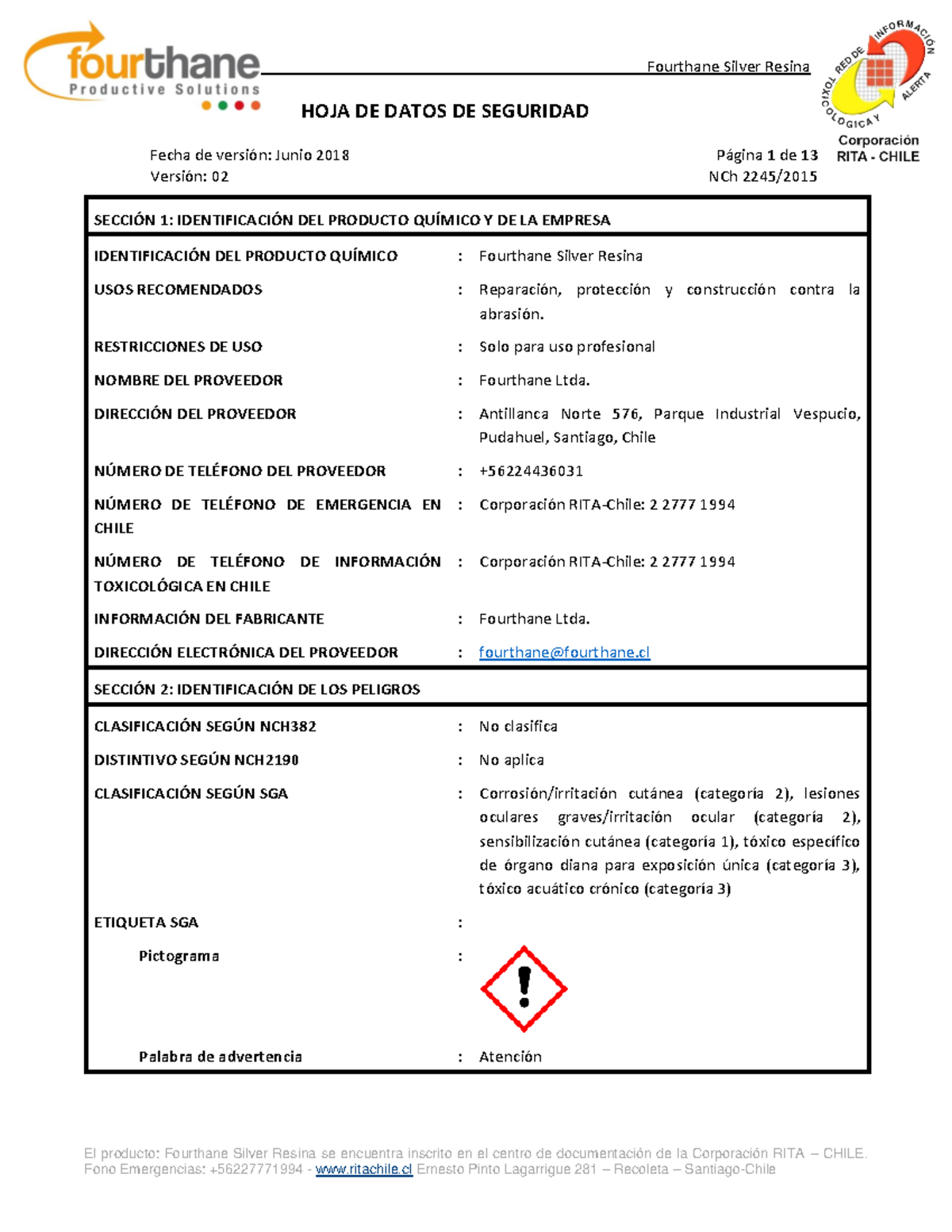 Datos de Seguridad del Producto Químico Fourthane Silver Resina - Document Preview
