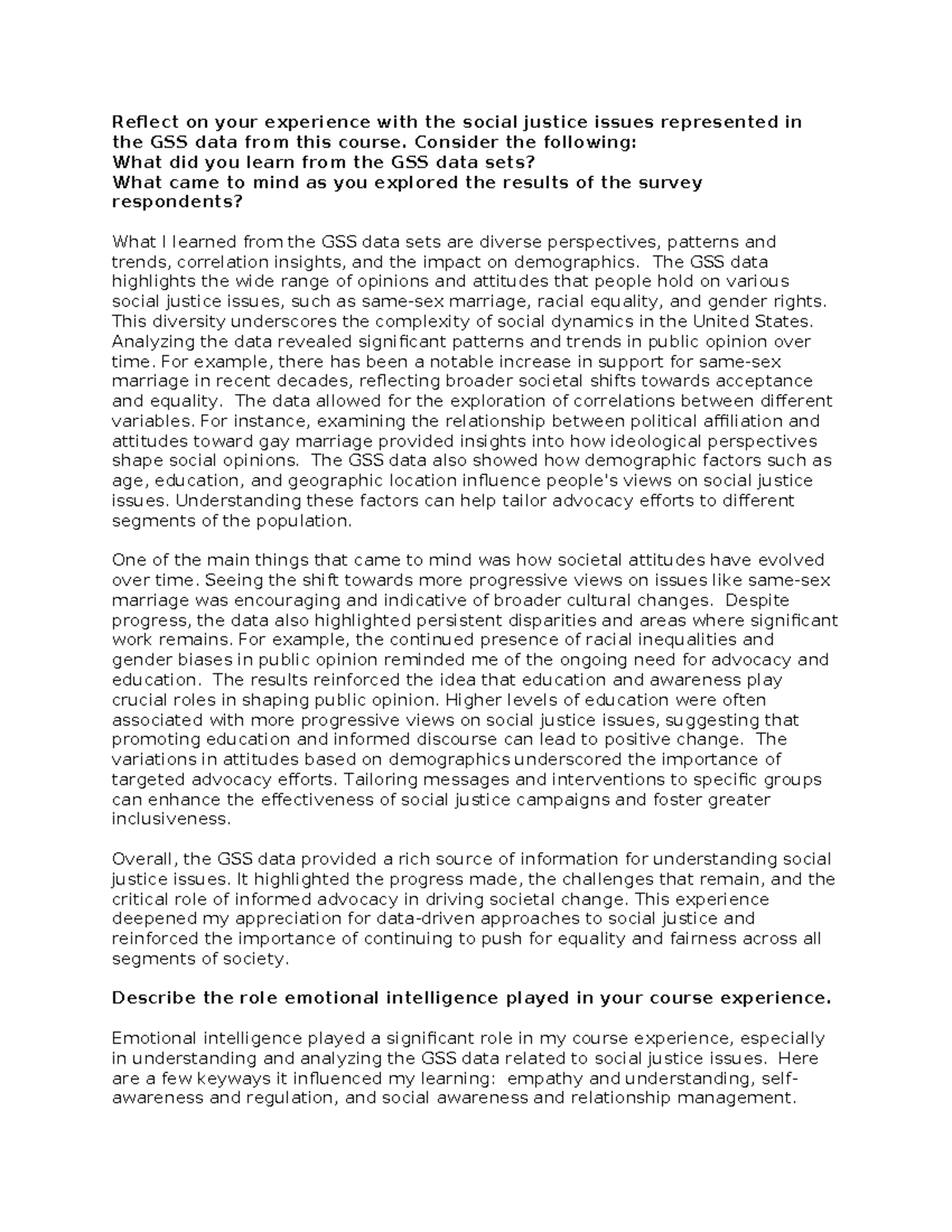PSY260 Reflection on GSS Data & Social Justice Issues - Studocu