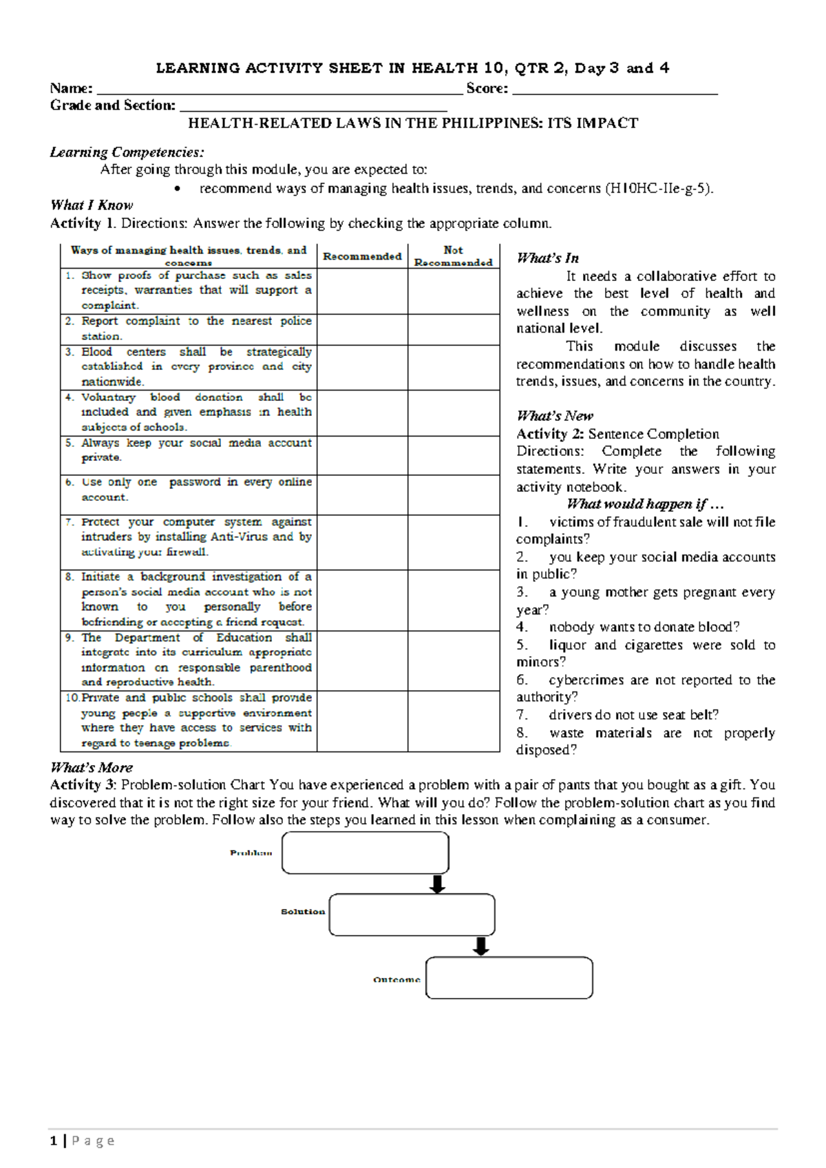 Learning Activity Sheet IN Health QTR 2 Day 3 and 4 - 1 | P a g e ...