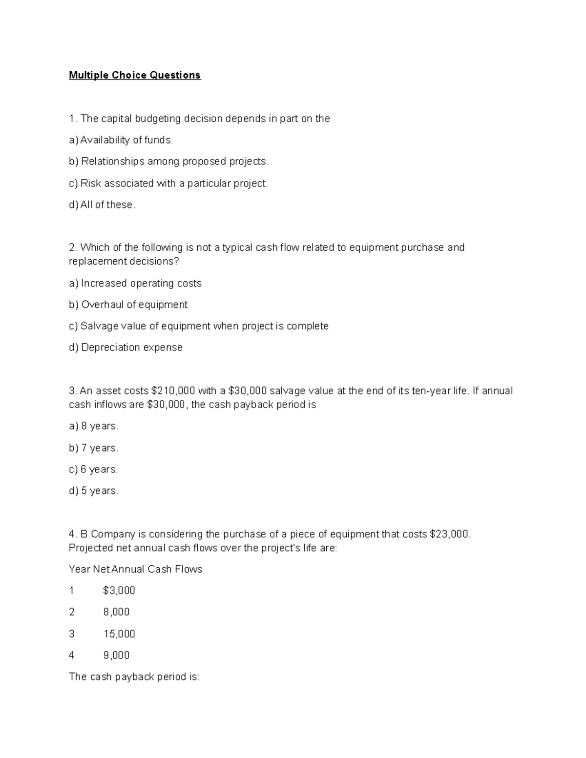 Test Bank for Capital Budgeting MCQ: Key Concepts and Solutions - Studocu