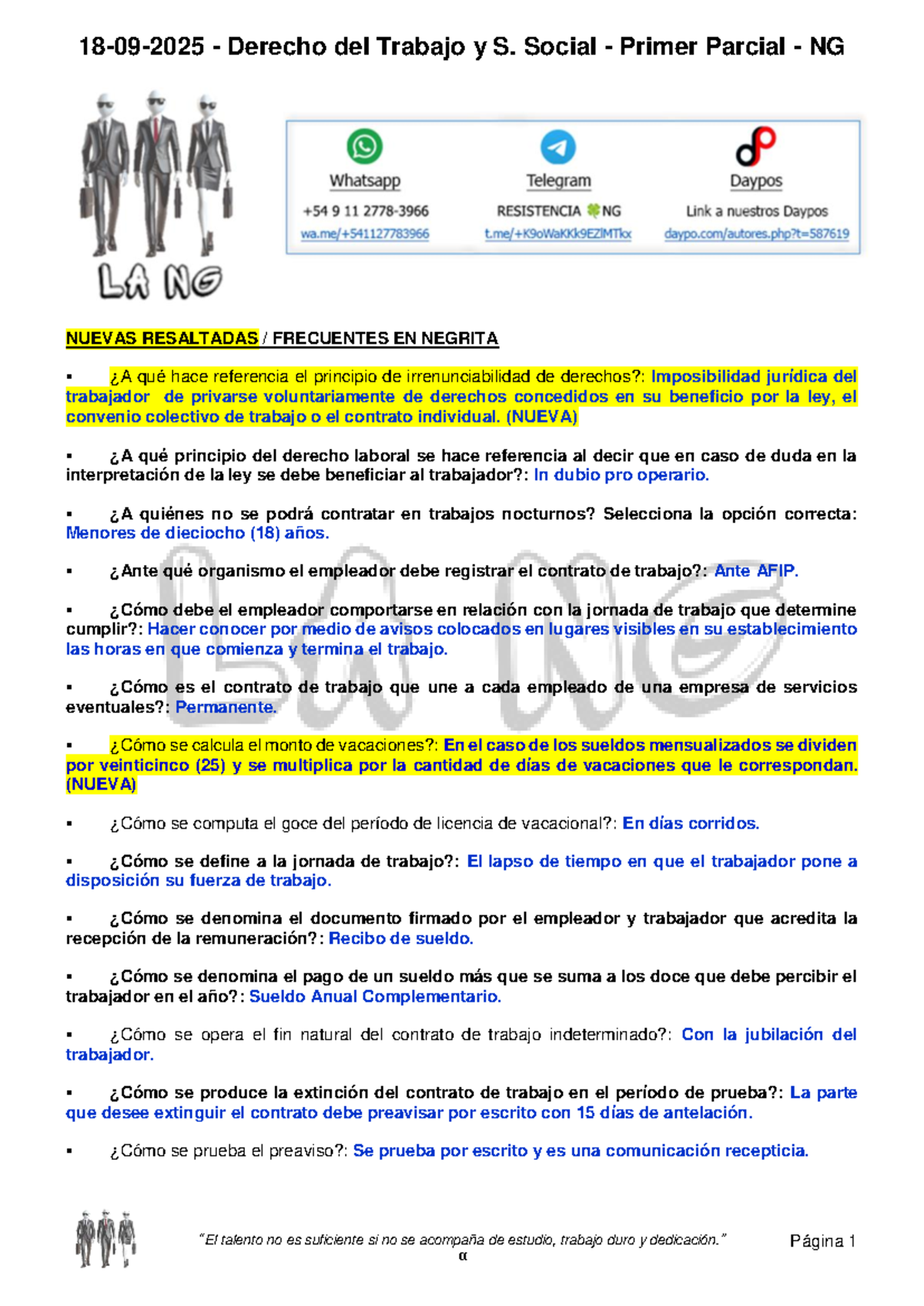 Derecho del Trabajo y S. Social - Primer Parcial NG: Resumen y Claves ...