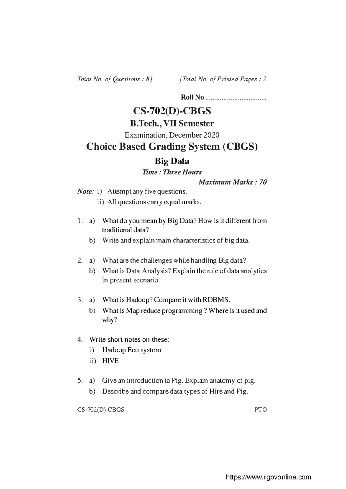 CS 702(D) Big Data Exam Questions - Dec 2020 - CBGS - Studocu