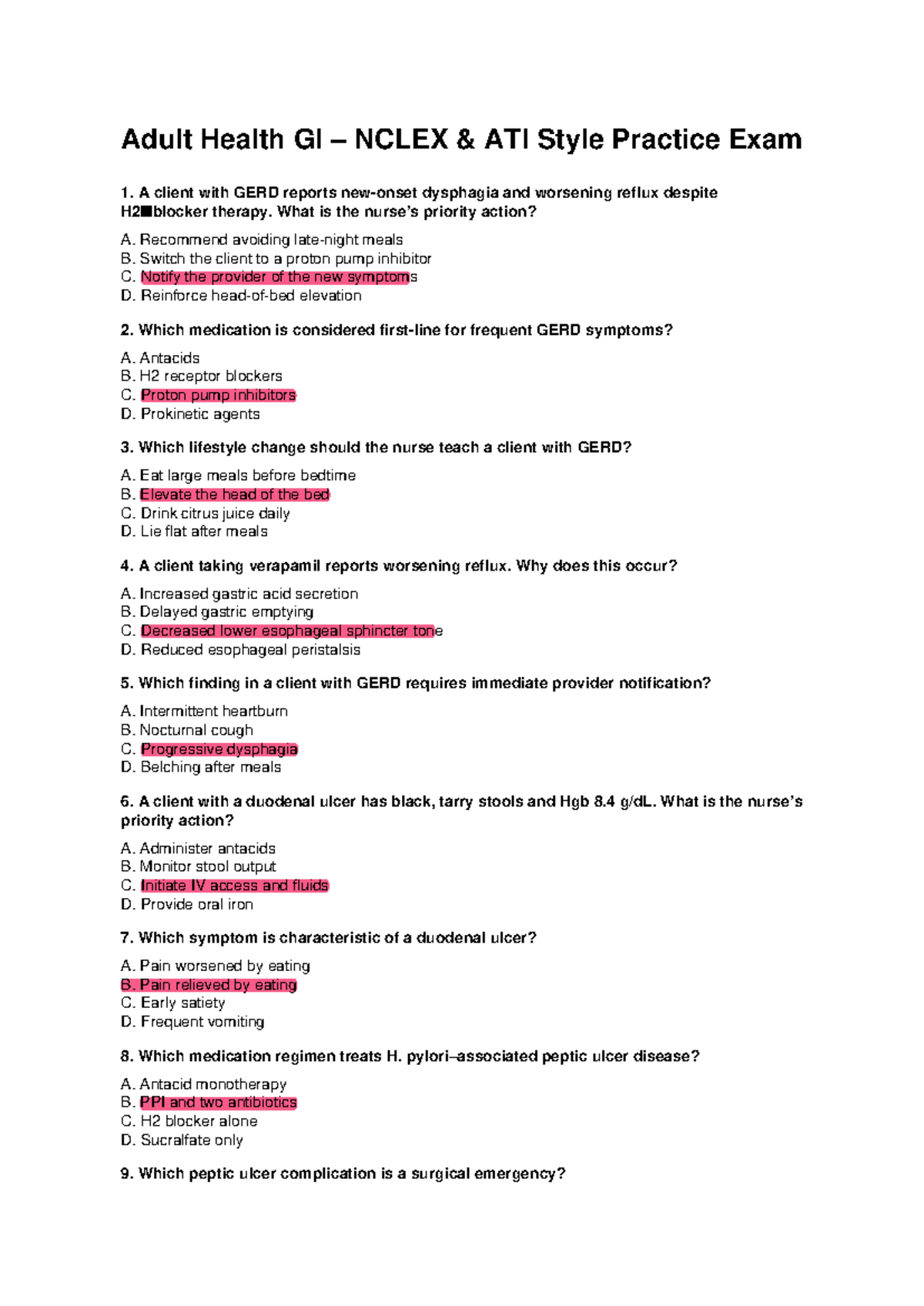 Adult Health GI NCLEX ATI Practice Exam: MCQs & Rationales - Studocu