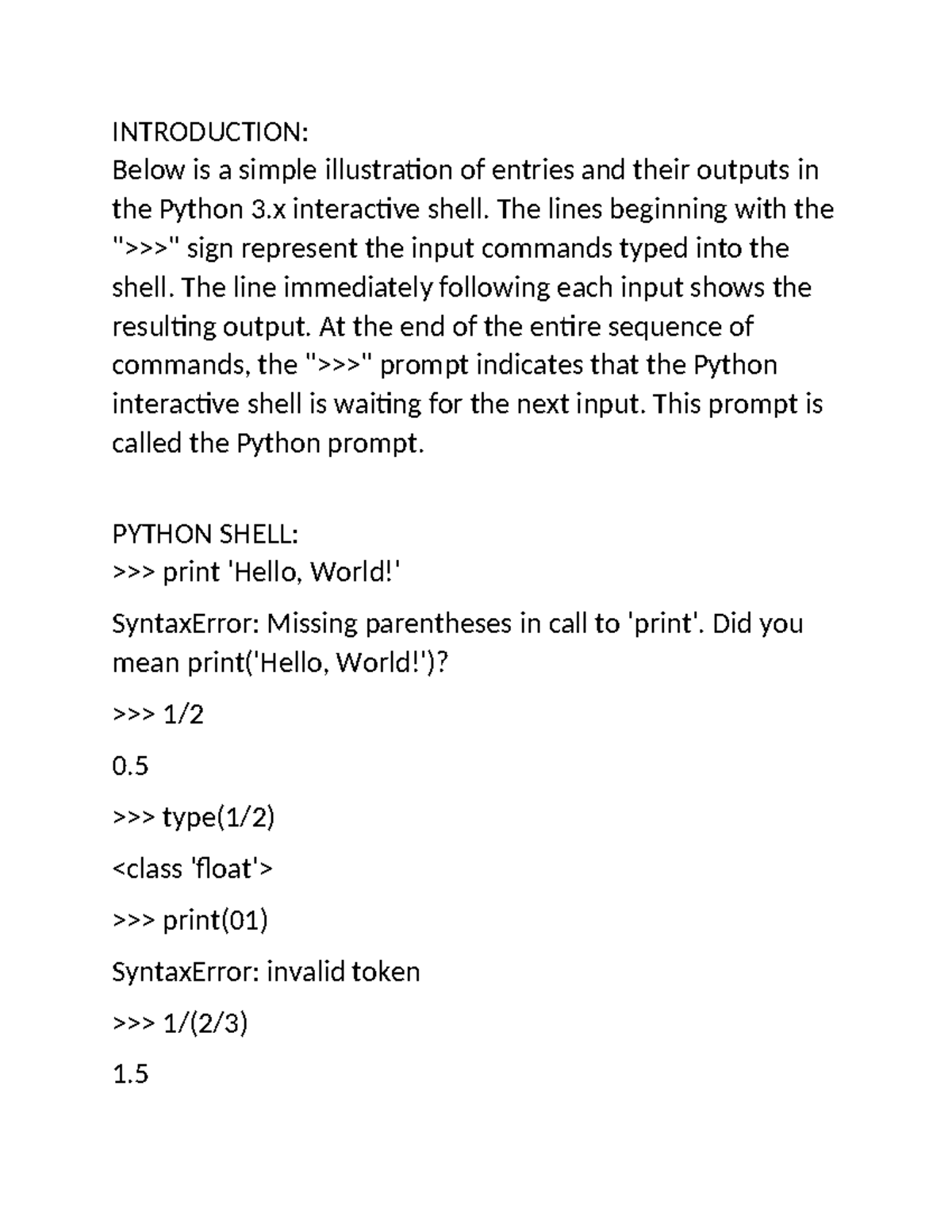 Unit 1 - Discussion Assignment: Python 3.x Shell Insights - Studocu