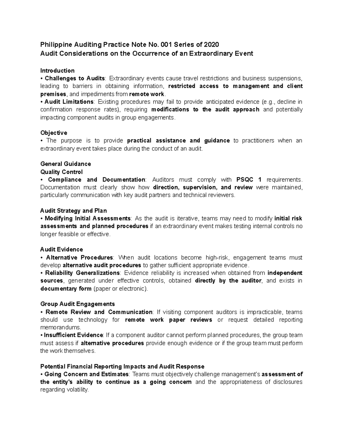 Philippine Auditing Practice Note No. 001 (2020): Audit Considerations ...