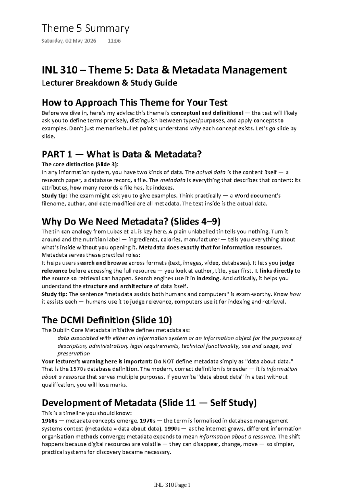 INL 310 Theme 5 Study Guide: Data Metadata Management Overview - Studocu