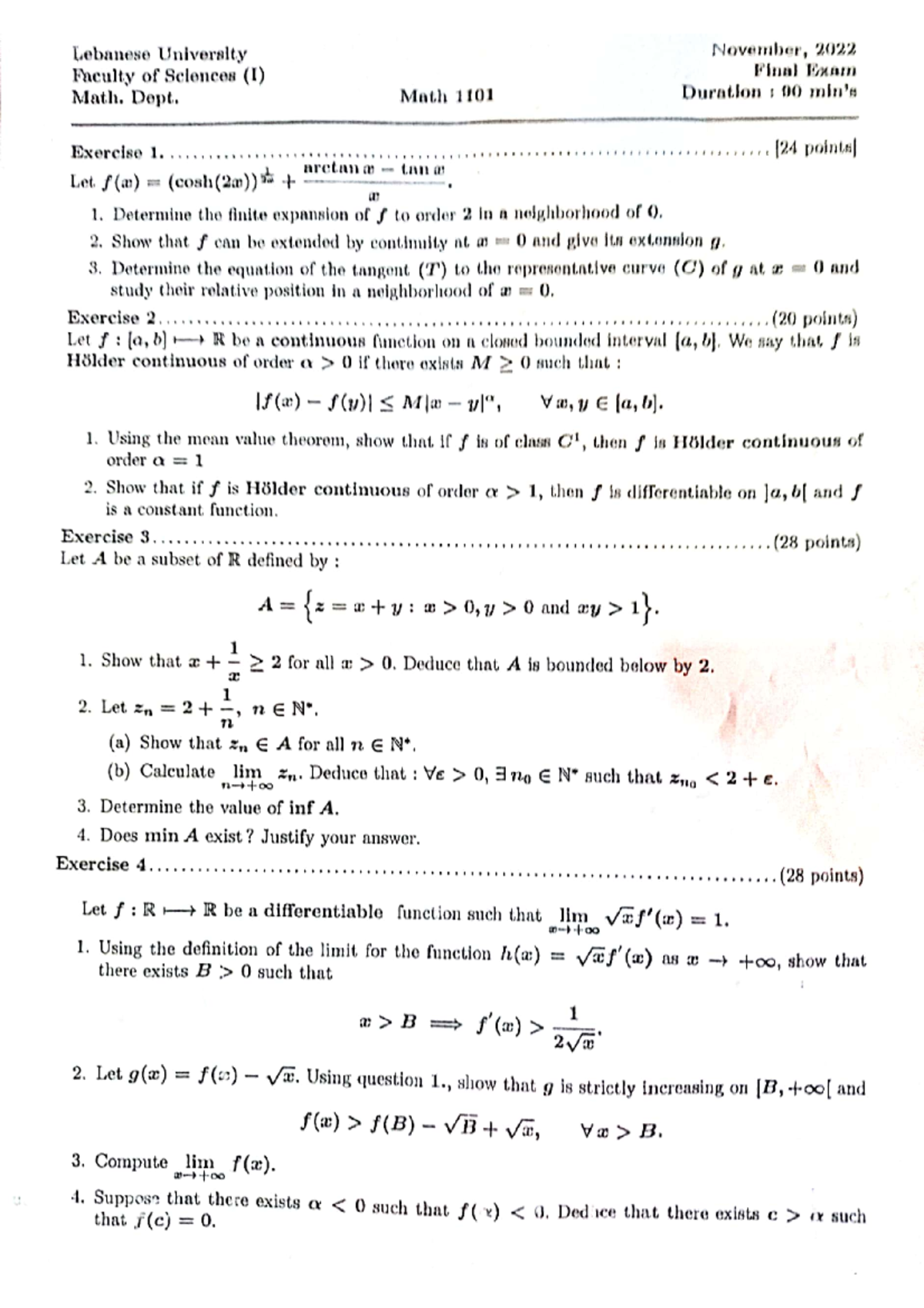 M1101 Final Exam November 2022 - Math Dept. Exercises & Solutions - Studocu