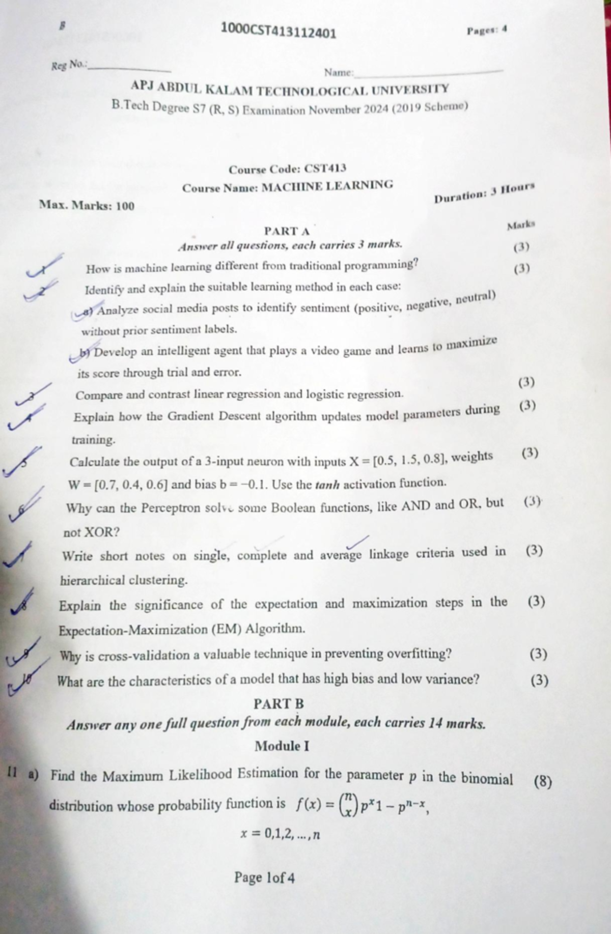 CST Machine Learning Previous Year Question Paper (Nov 2024) - Studocu