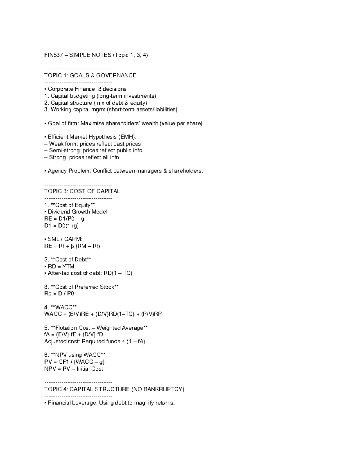 FIN537 Corporate Finance Notes: Goals, Governance & Capital Structure ...
