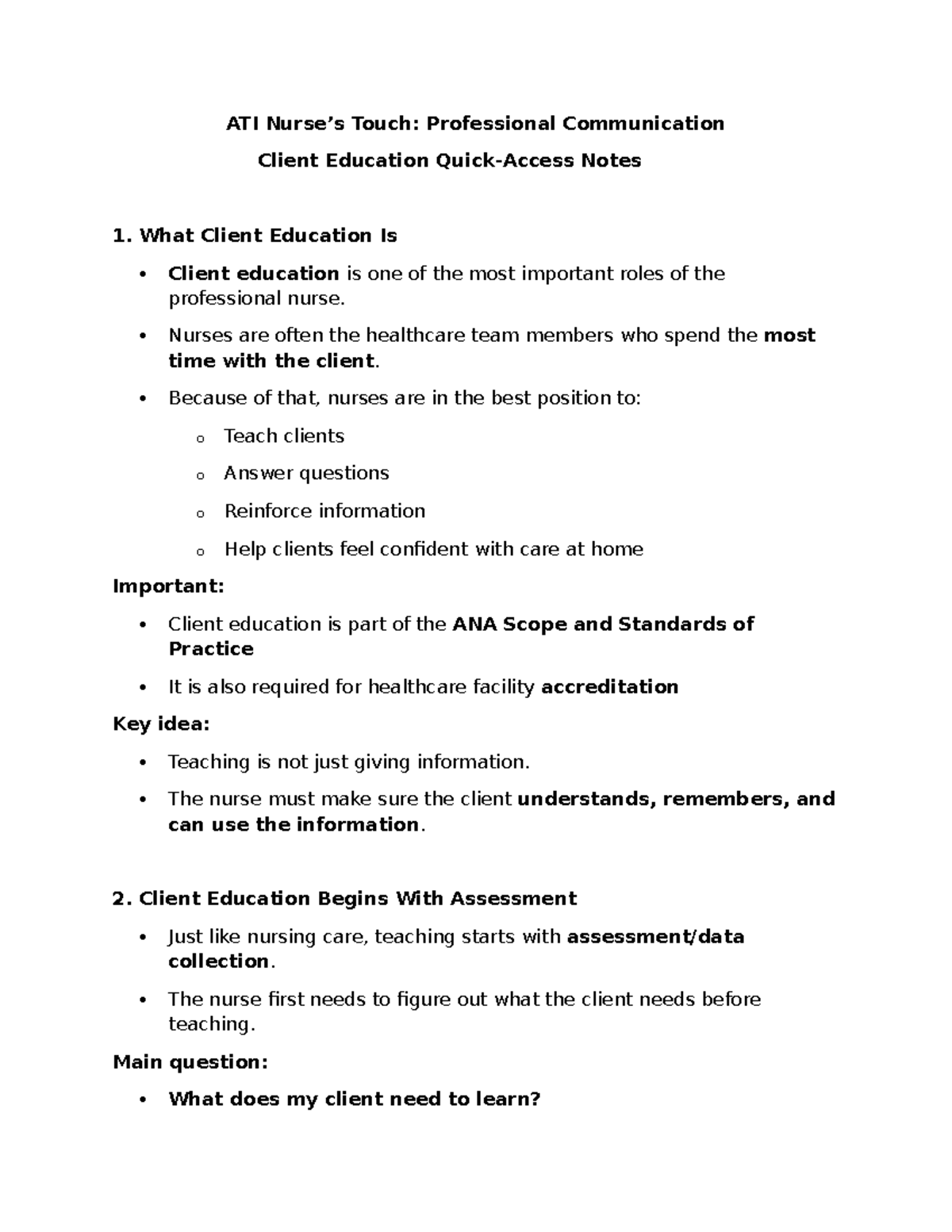 ATI Nursing: Client Education & Communication Notes - Studocu