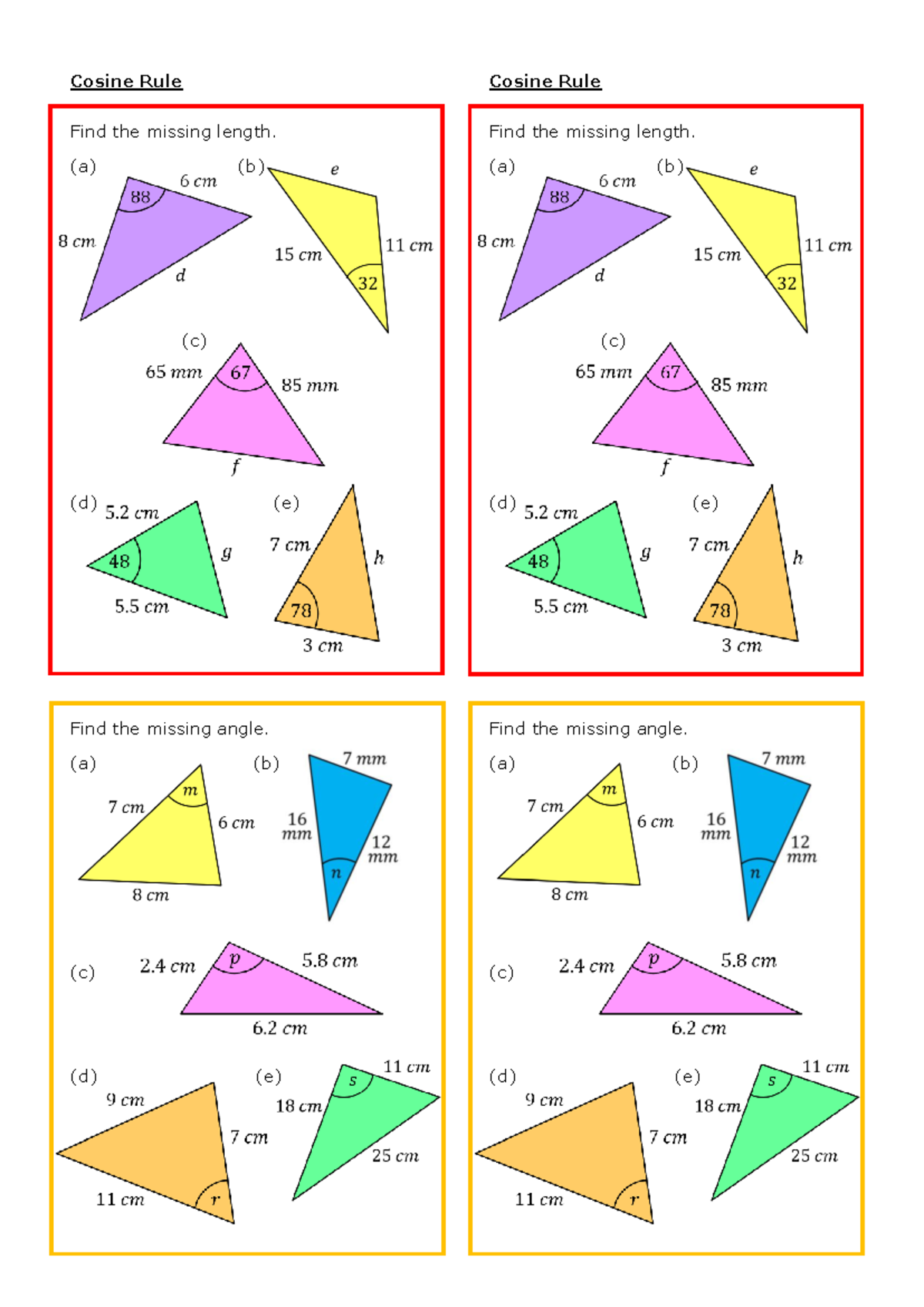 Cosine Rule Practice WS - Cosine Rule Find the missing length. (a) (b ...