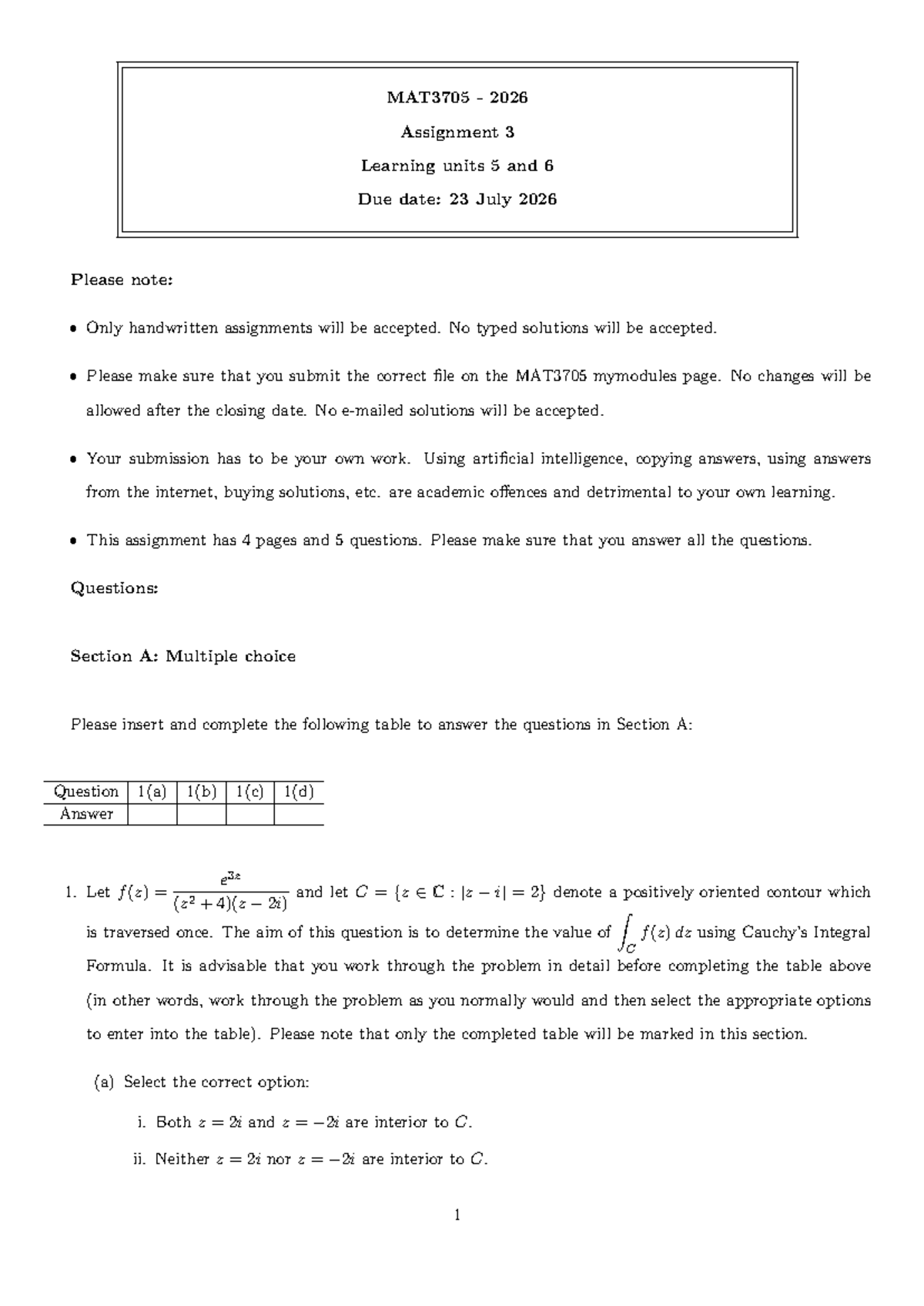 MAT3705 2026 Assignment 3: Learning Units 5 & 6 Details - Studocu
