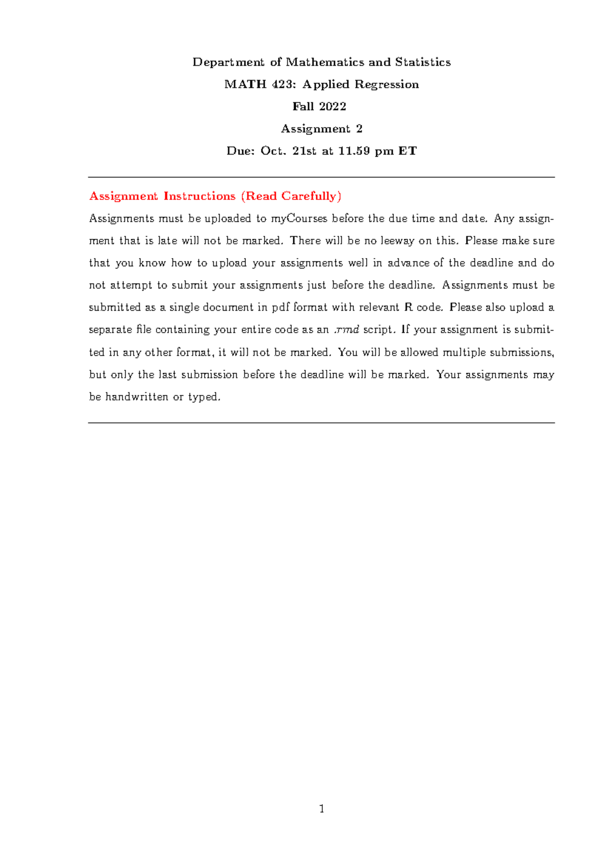MATH 423 Assignment 2 Instructions & Guidelines - Fall 2022 - Studocu