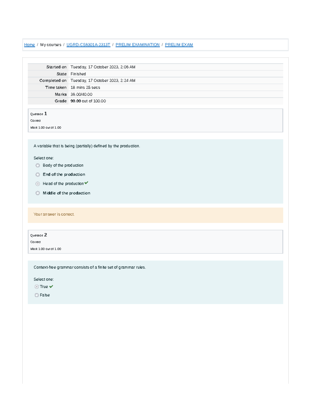 Pl - Prelim EXAM Attempt review - Home / My courses / UGRD-CS6301A ...