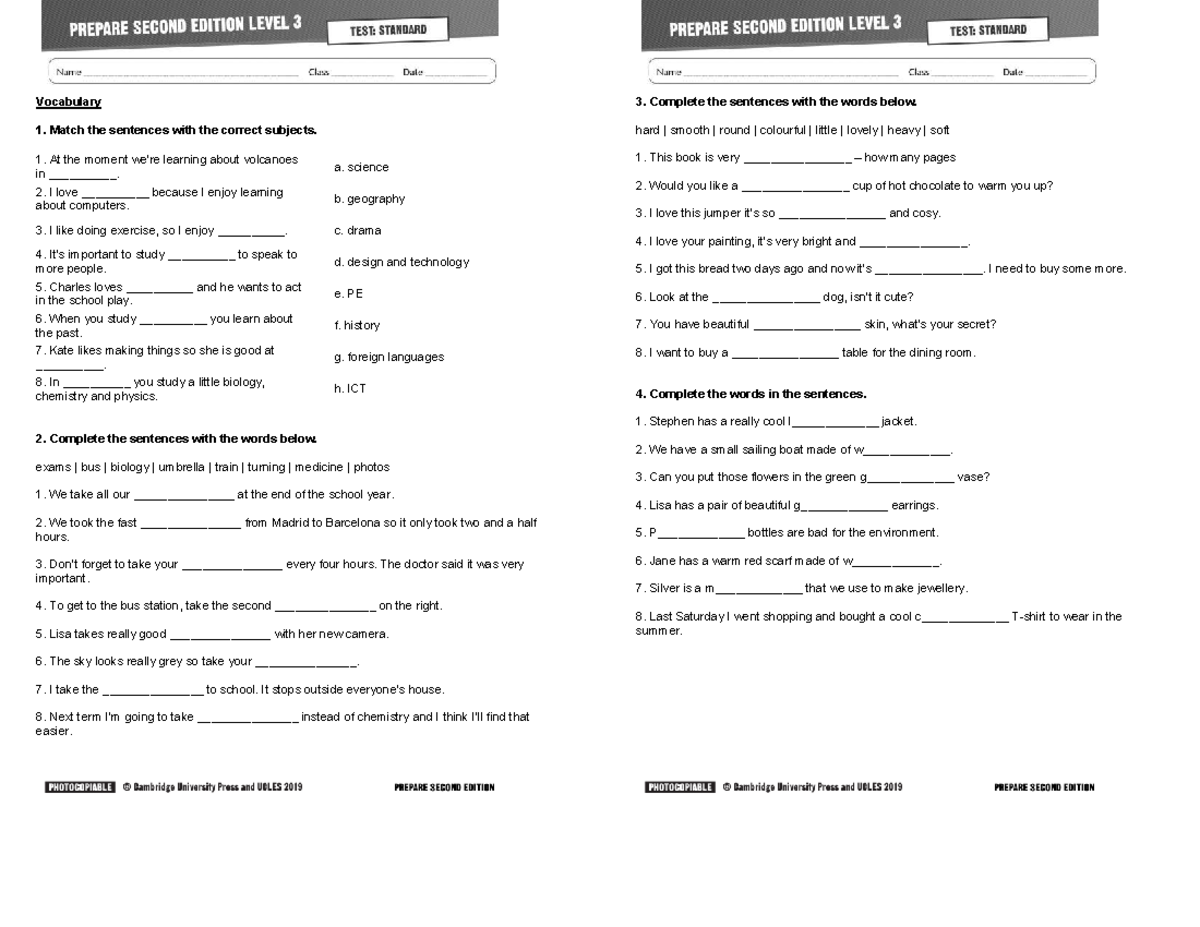 A2 5-6 Standard - Vocabulary Practice and Sentence Completion - Studocu