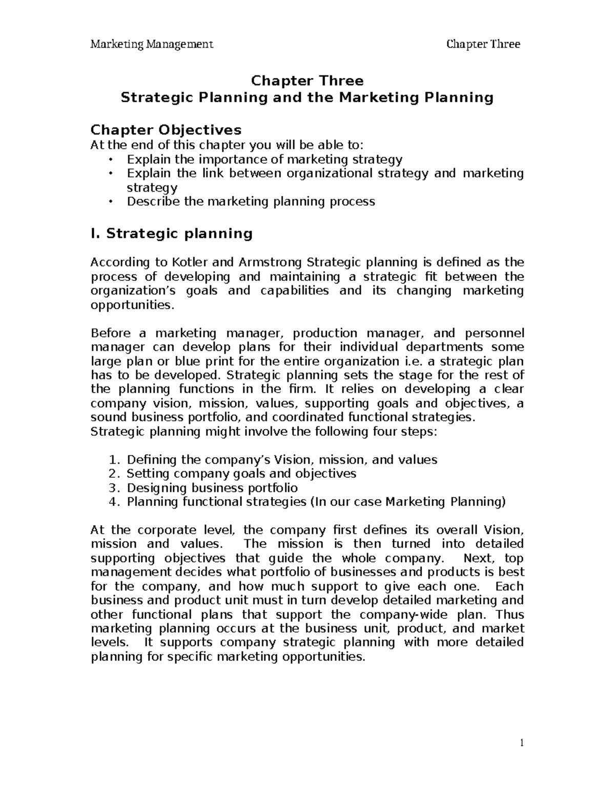 Marketing Management Chapter 3: Strategic Planning & Marketing Planning ...