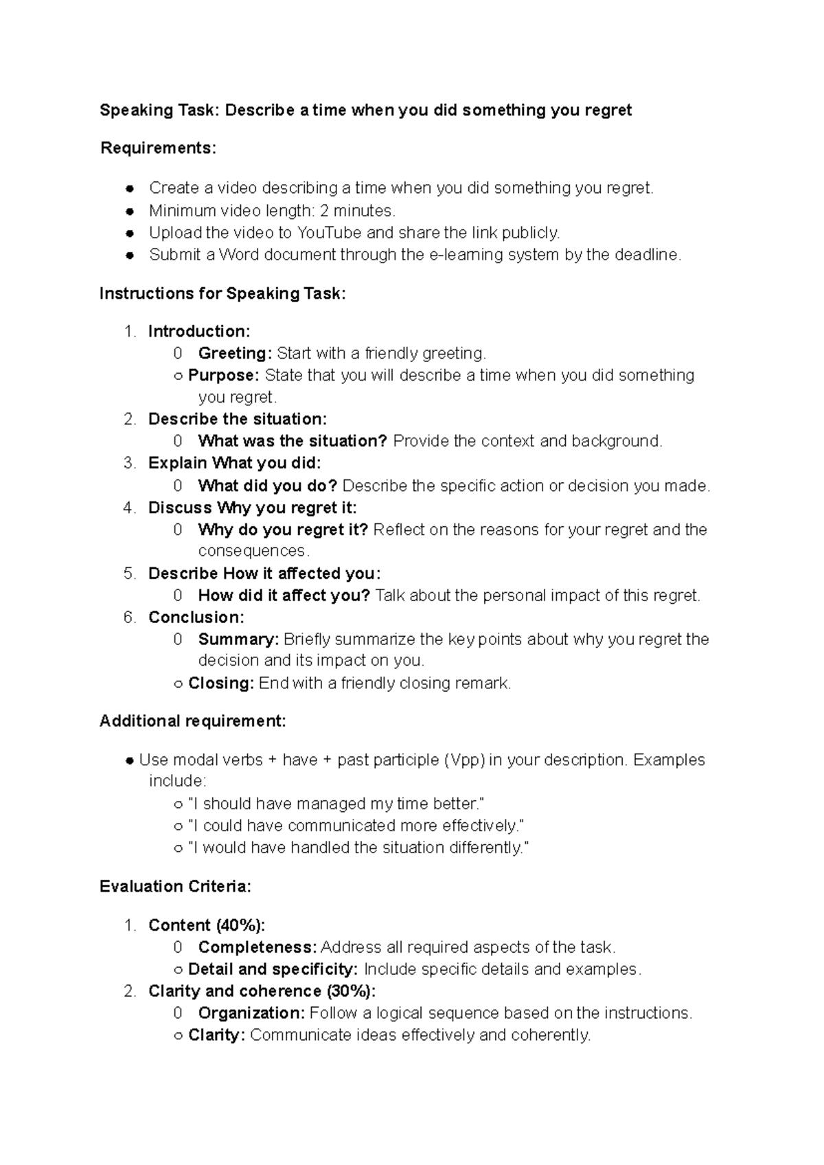 [ENG 101] Speaking Task: Describing a Regretful Experience - Studocu