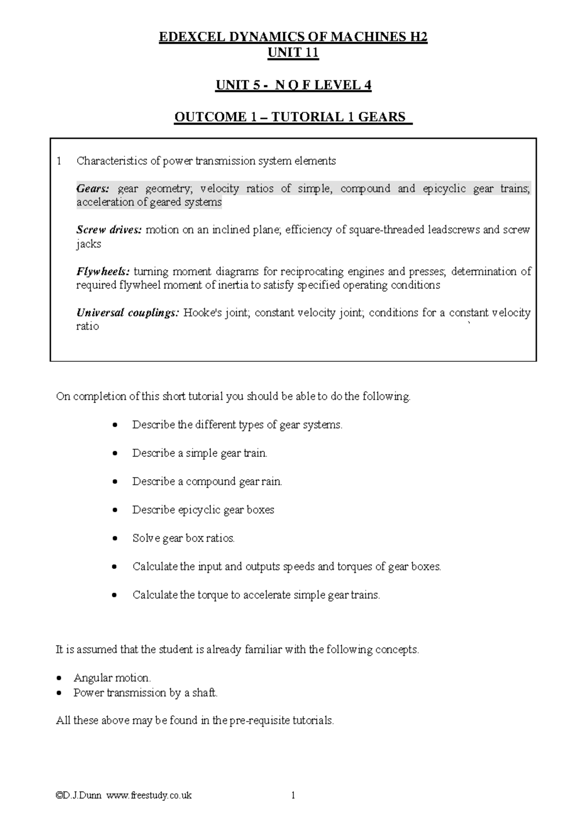 EDEXCEL DYNAMICS OF MACHINES H2 UNIT 11 TUTORIAL 1: GEAR SYSTEMS NOTES ...