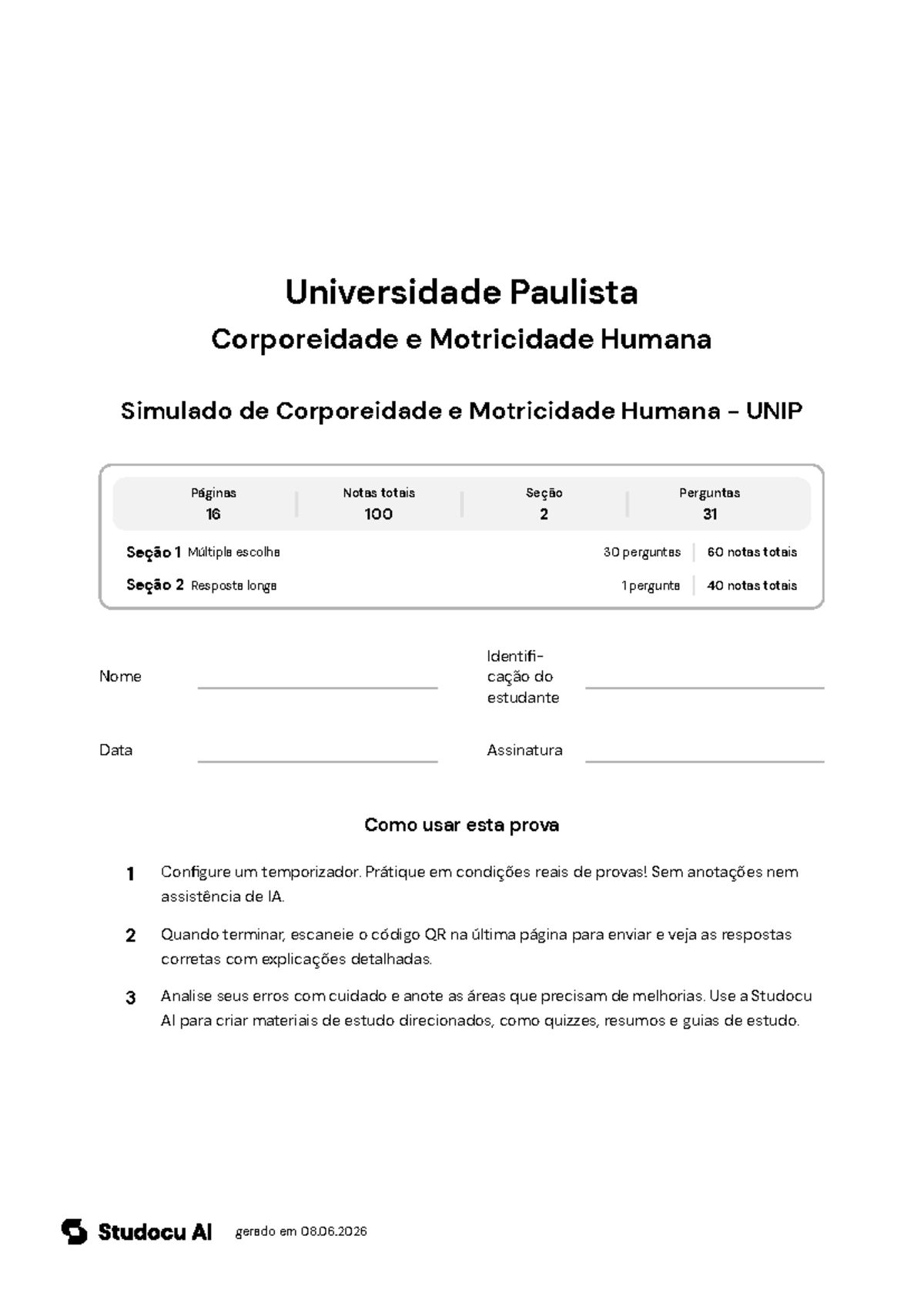 Simulado de Corporeidade e Motricidade Humana - UNIP - Studocu